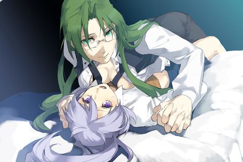 2girls asougi_rin ass big_breasts breast_press breasts busty cleavage cowgirl_position female_only glasses green_eyes green_hair holding_hands interlocked_fingers large_breasts legs long_hair looking_at_viewer lowres lying mature mature_female mature_woman midriff mimi_(mnemosyne) mnemosyne multiple_girls necktie office_lady open_clothes open_mouth open_shirt pants ponytail purple_eyes purple_hair seductive seductive_smile shirt skirt smile thighs voluptuous yuri