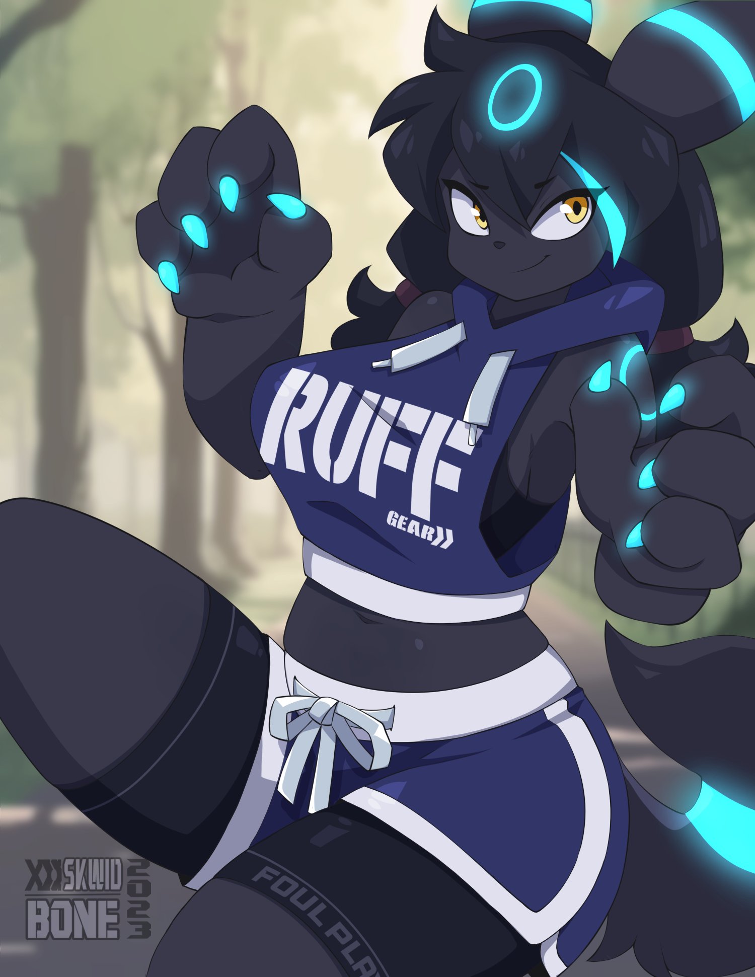 2023, artist name, big breasts, black hair, breasts, eeveelution, female, game freak, gym shorts, hair ties, hoodie, pokémon (species), pokemon, pokemon (species), shiny pokemon, skwidbone, thick thighs, umbreon, uta (skwidbone), yellow eyes