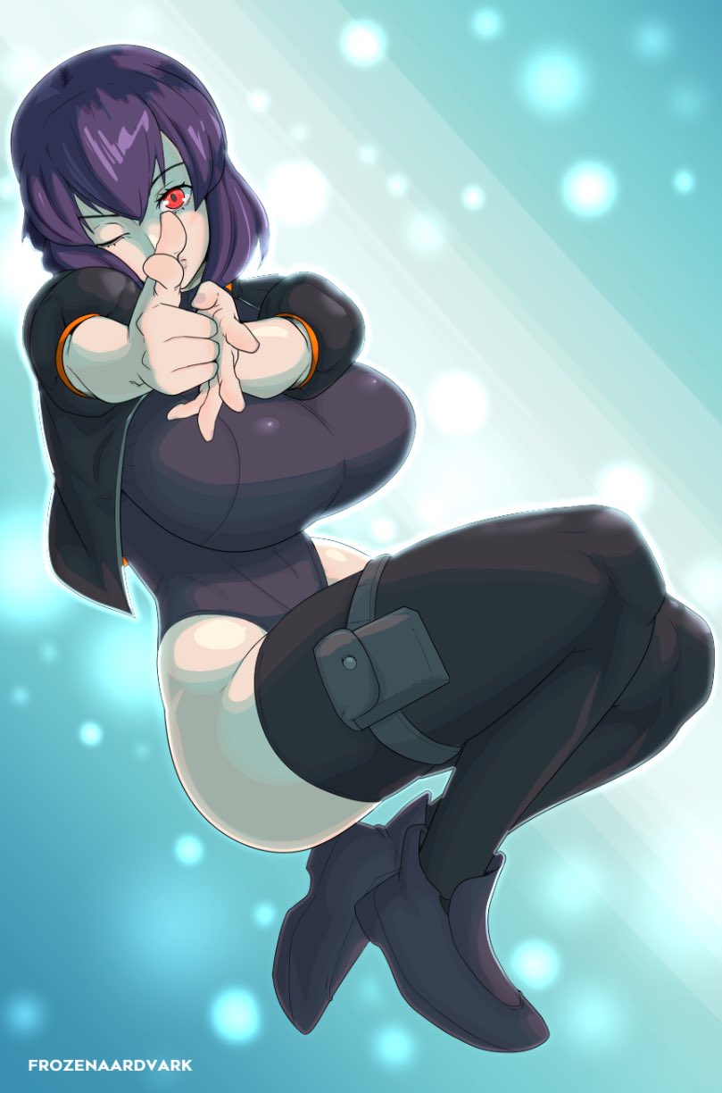 1girls ass big_breasts curvy frozenaardvark ghost_in_the_shell kusanagi_motoko one_eye_closed pointing_at_viewer pose purple_hair the_varking thighhighs