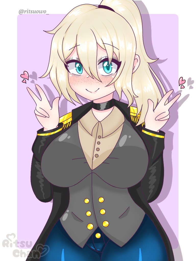 artist_name big_breasts blonde_hair blue_eyes blush character_request choker female hair_tie hearts hourglass_figure jacket looking_at_viewer original_character peace_sign ponytail ritsuowo_ smile smiling_at_viewer thick_thighs unknown_character vest