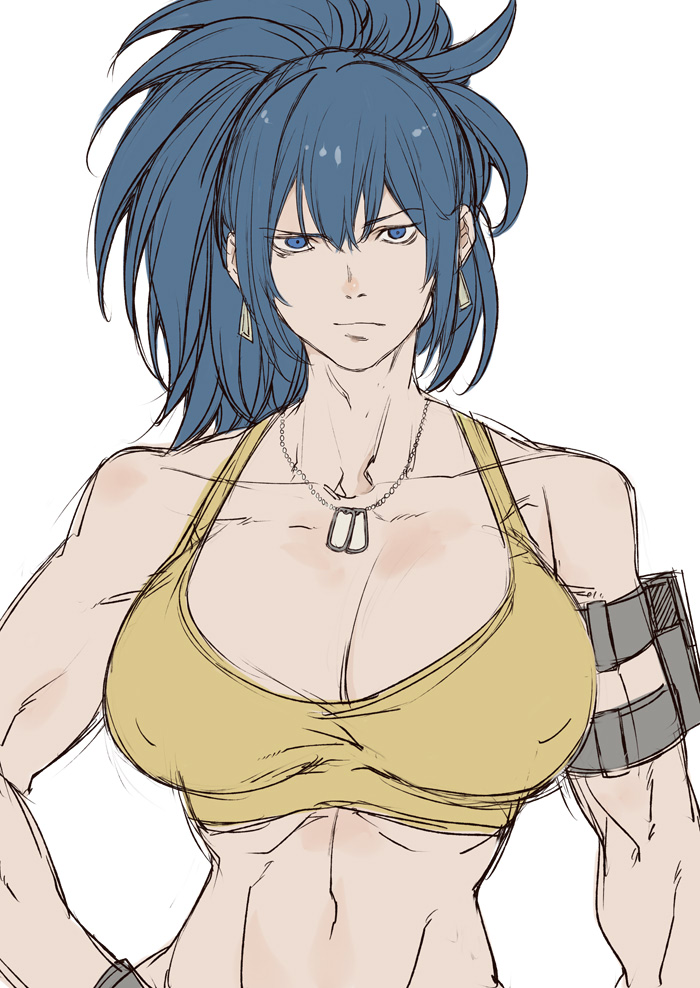 1girls big_breasts blue_eyes blue_hair breasts busty cleavage female female_only hand_on_hip jewelry king_of_fighters large_breasts leona_heidern looking_at_viewer midriff navel necklace ponytail snk solo tank_top toned yasunososaku