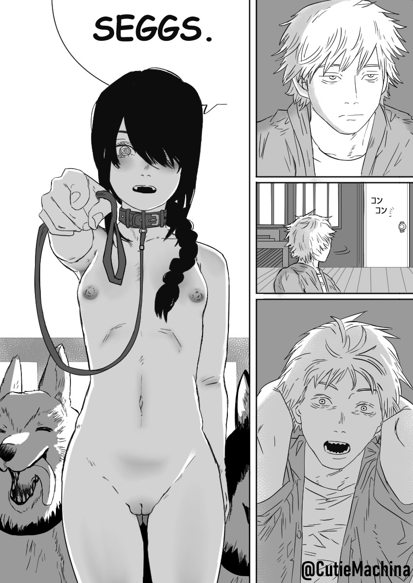 alternate_version_available blush braid braided_hair canine chainsaw_man comic cutiemachina denji_(chainsaw_man) dialogue dogs edit exposed_breasts exposed_pussy hair_over_one_eye leash meme naked navel nayuta_(chainsaw_man) nipples pointing pussy screenshot_edit seggs seggs_(meme) sharp_teeth shocked shocked_expression speech_bubble tatsuki_fujimoto twitter_username vagina