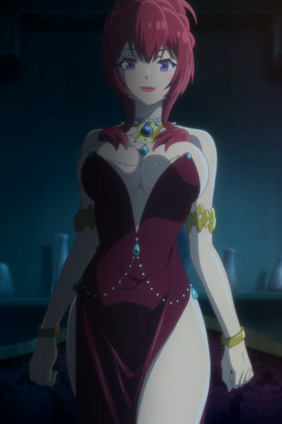 1girls, big breasts, breasts, busty, cleavage, dress, fanis laminitus, female, female only, hair bun, highres, isekai maou to shoukan shoujo no dorei majutsu, jewelry, legs, looking at viewer, pelvic curtain, purple eyes, red hair, red lips, screencap, smile, solo, stitched, thighs, third-party edit