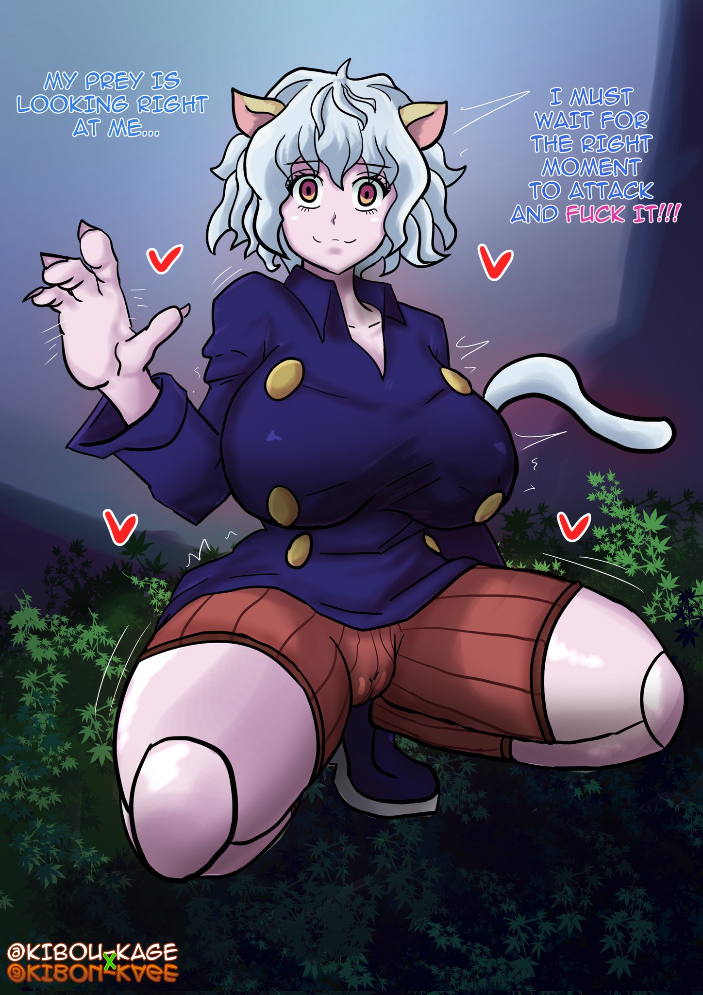 1girls, animal ears, breasts, cameltoe, cat ears, cat girl, cat tail, chimera ant, crouching, female, fully clothed, heart, huge breasts, humanoid, hunter x hunter, imminent sex, kibou-kage, light skin, light-skinned female, neferpitou, outside, pale skin, pale-skinned female, pussy, short hair, shounen jump, smile, text, villainess, visible pussy, waving, white hair