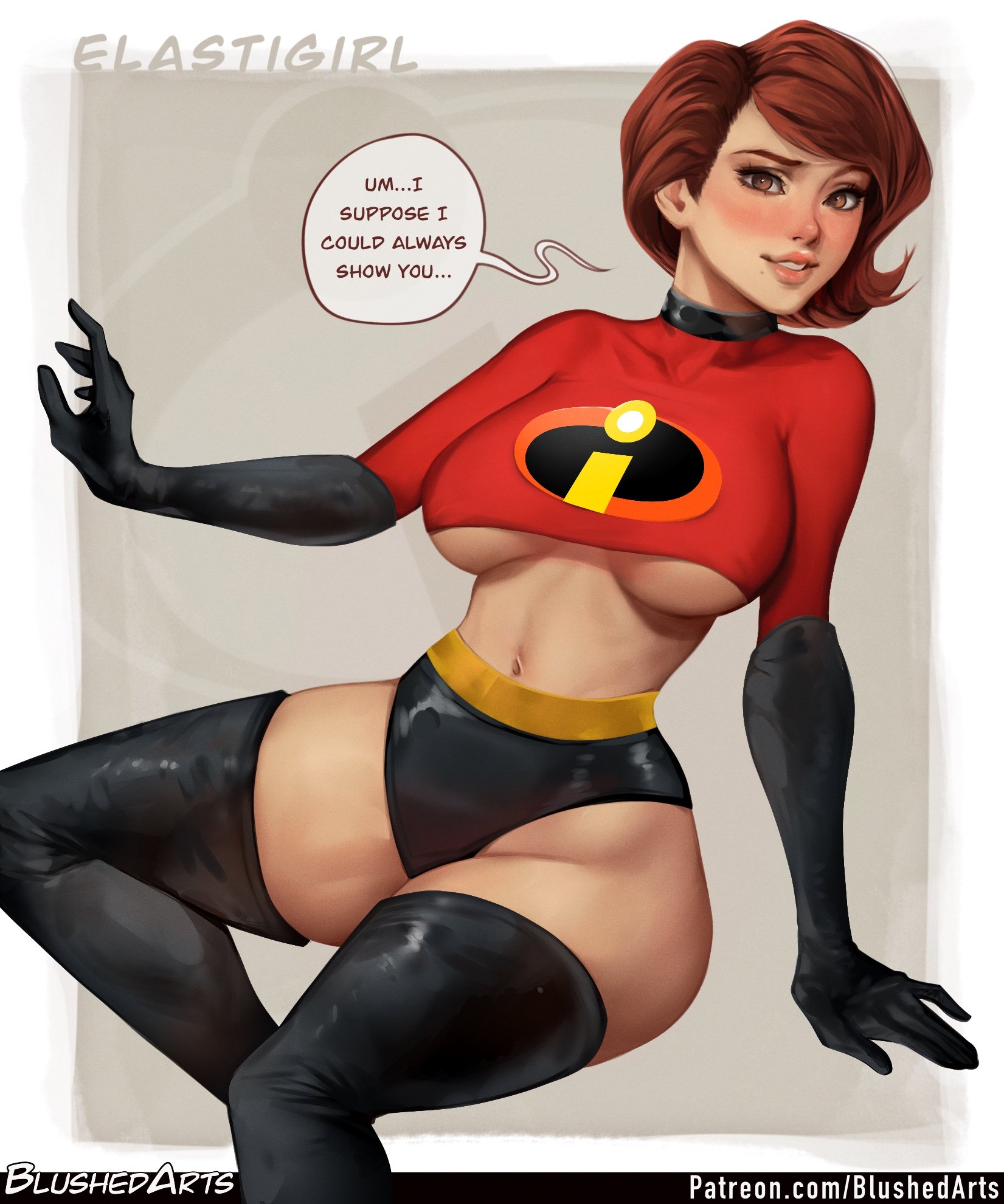 1girls, blushedarts, breasts, brown hair, curvy body, curvy figure, dblushed, elastigirl, english text, female, female only, helen parr, highres, huge breasts, latex suit, looking at viewer, milf, navel, pixar, pixar mom, short hair, skin tight, smooth skin, solo female, superhero costume, superheroine, the incredibles, underboob, voluptuous, voluptuous female