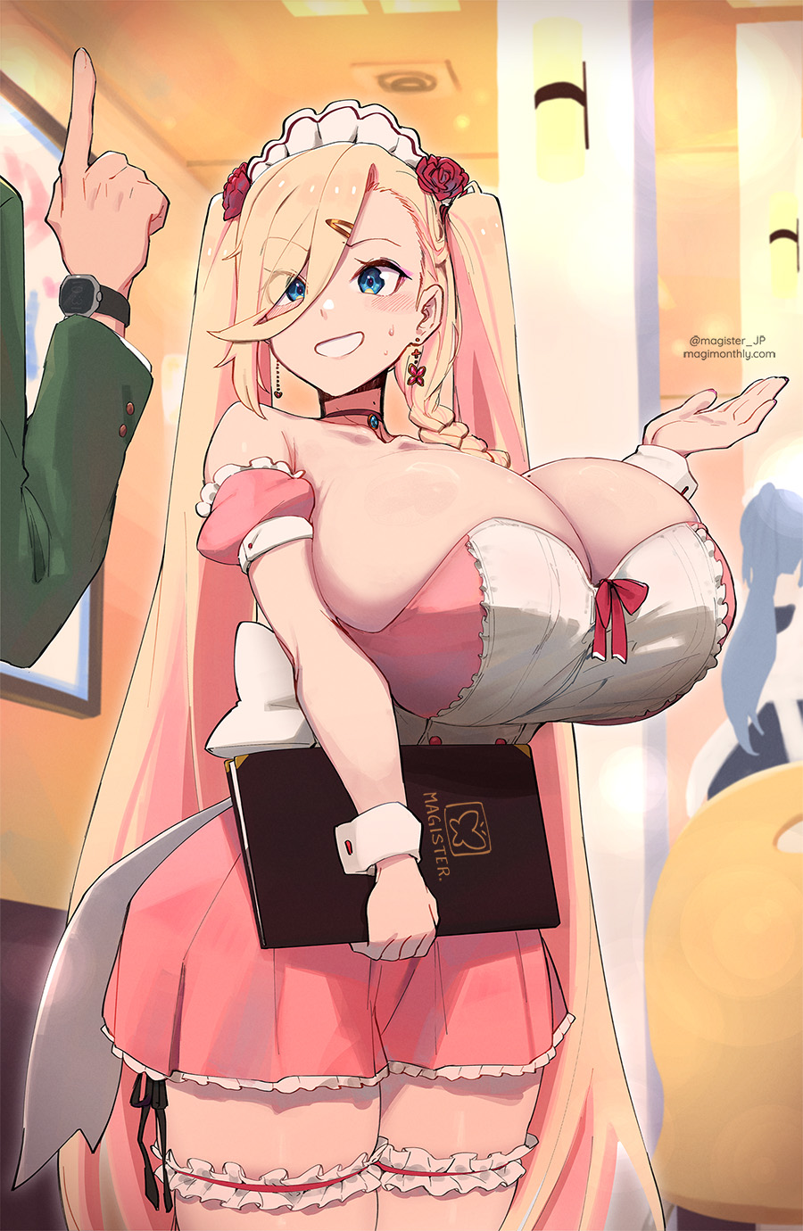blue eyes, breasts, female, garter, huge breasts, long hair, magister (bigbakunyuu), maid uniform, pandora smith, pandora smith (magister), tagme