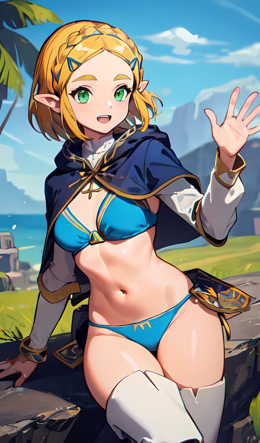 ai generated, belly button, bikini, blonde hair, breath of the wild, female, female only, green eyes, midriff, nintendo, princess zelda, short hair, solo female, suicidespit, tears of the kingdom, the legend of zelda, thighhigh boots, thighs, zelda (tears of the kingdom)