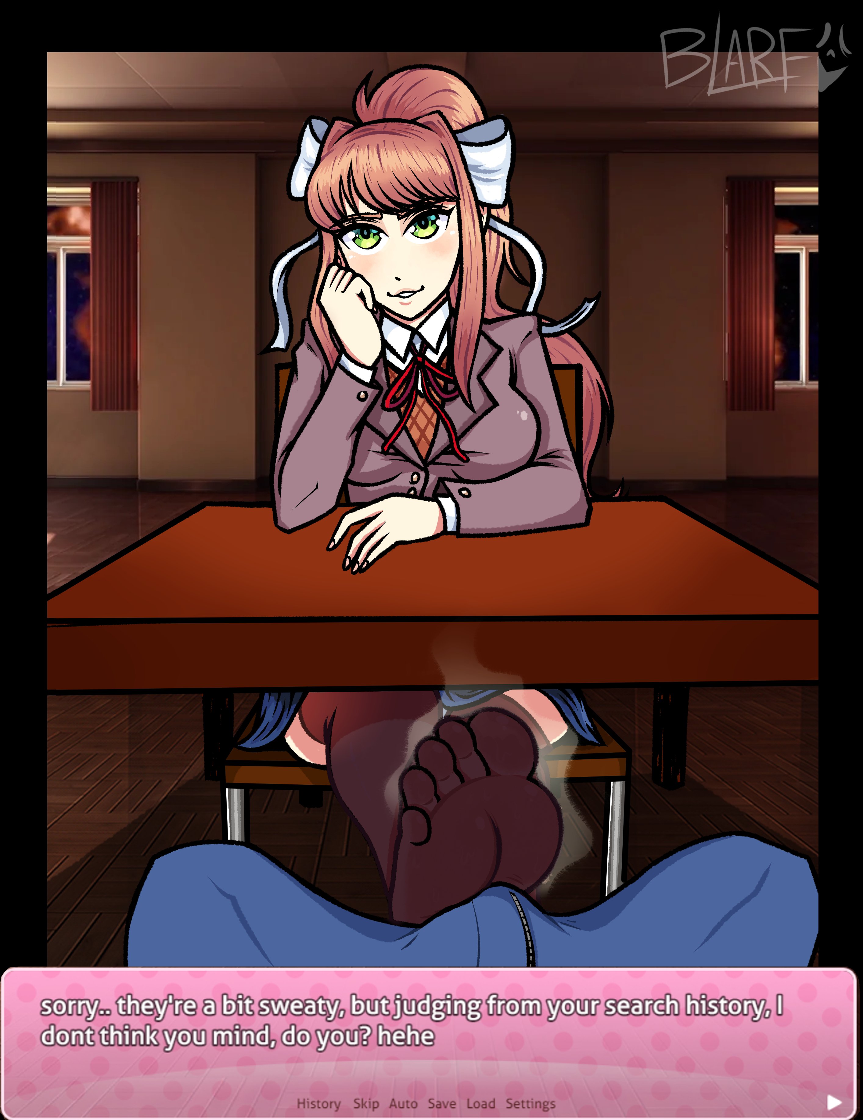 1girls, blarf022, bulge, doki doki literature club, feet, female, foot fetish, footjob, looking at viewer, monika (doki doki literature club), musk, pov, smell, smelly, smelly feet, stockings, sweat, teasing