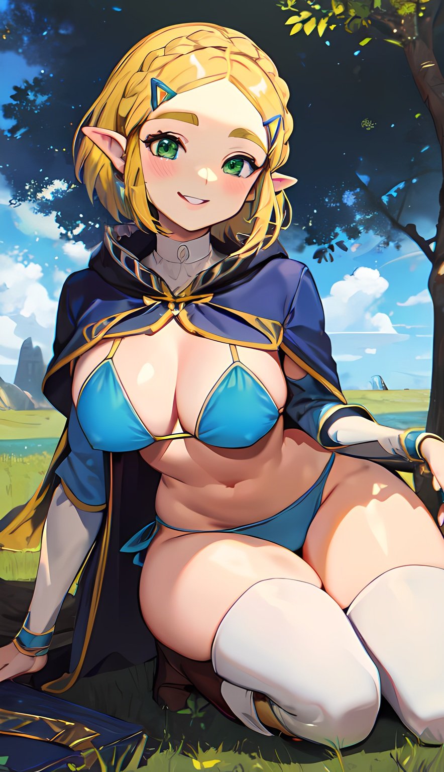 ai generated, belly button, big breasts, bikini, blonde hair, blush, breasts, breath of the wild, cleavage, female, female only, green eyes, kneeling, midriff, nintendo, princess zelda, short hair, solo female, suicidespit, tears of the kingdom, the legend of zelda, thick thighs, thighhighs, zelda (tears of the kingdom)