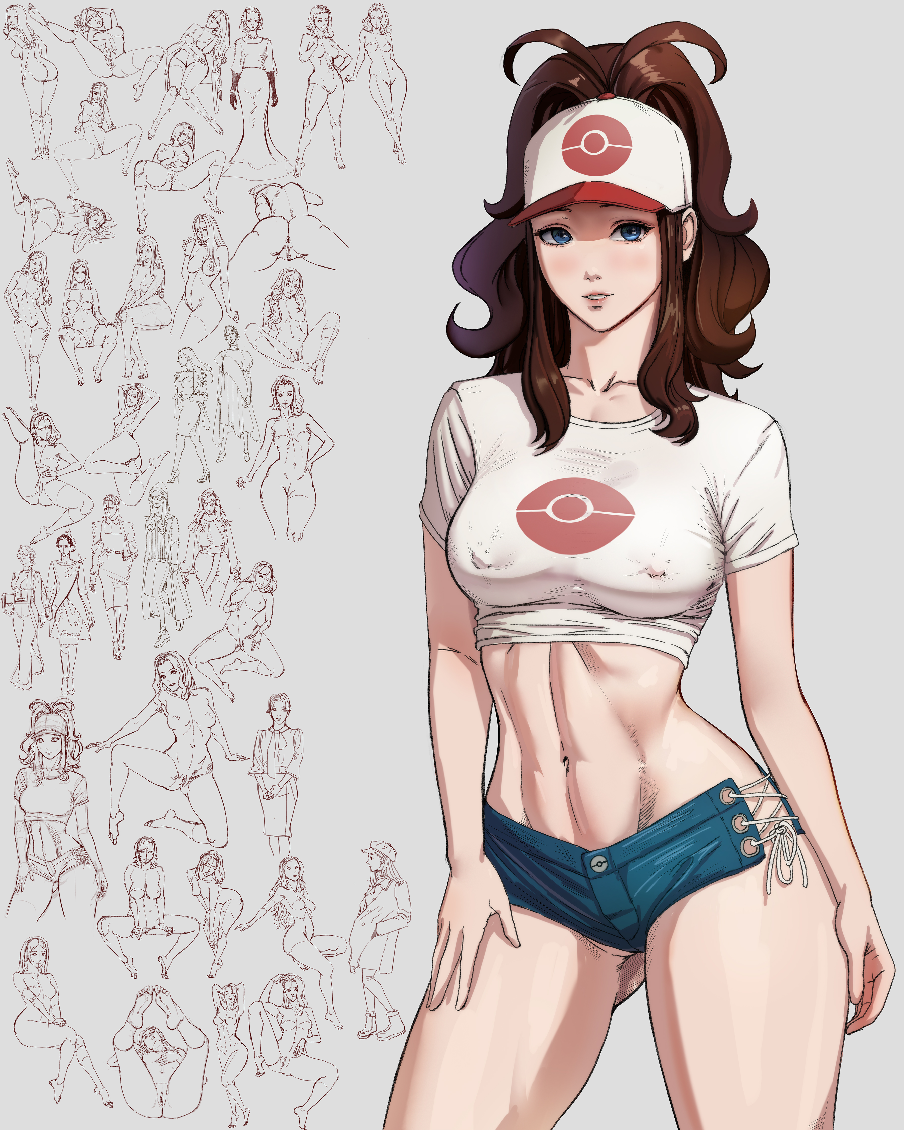1girls, absurd res, absurdres, blue eyes, brown hair, doodle, erect nipples, erect nipples under clothes, female, female focus, female only, game freak, hat, hi res, high resolution, highres, hilda (pokemon), limgae, looking at viewer, multiple girls, muscular, muscular female, navel, nintendo, nipples, nipples visible through clothing, pokemon, pokemon bw, ponytail, pussy, shorts, simple background, sketch, smile, solo, solo female, solo focus, spread legs, thick thighs, thighs, tied hair, uncensored