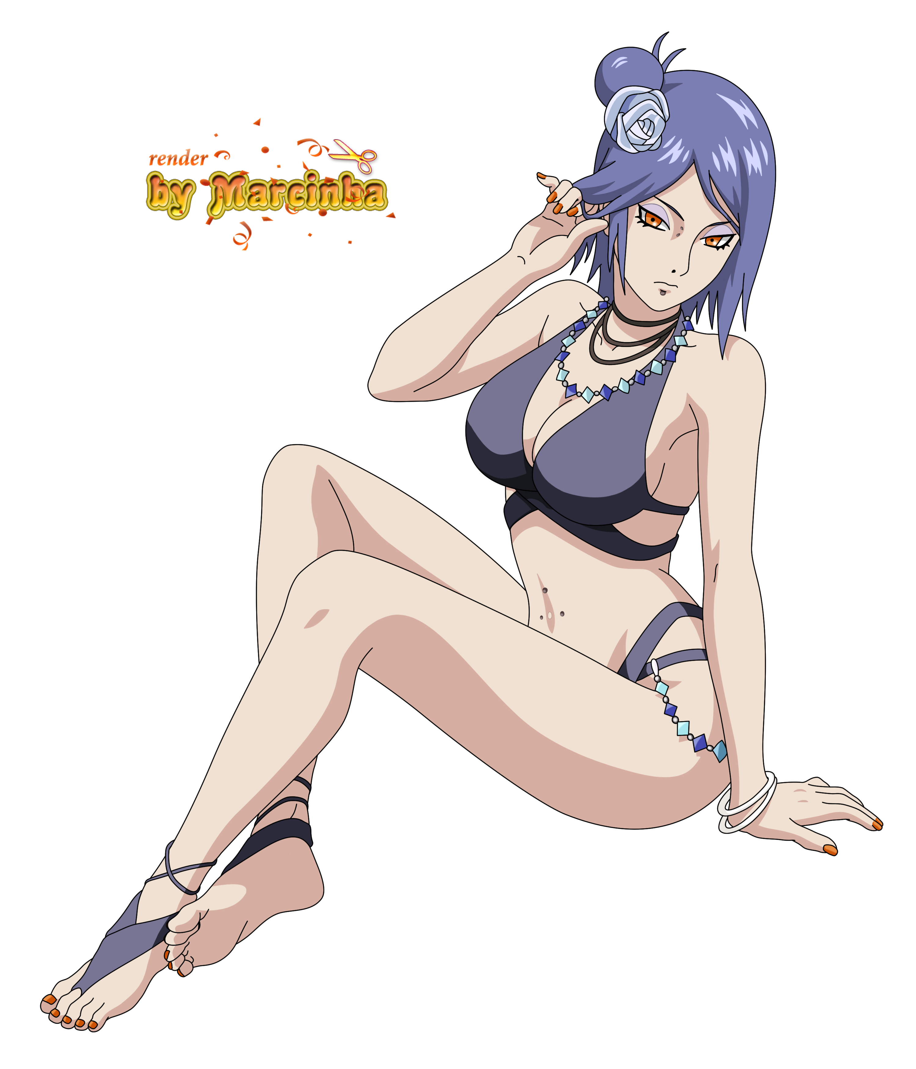 1girls, alternate costume, barefoot, big breasts, bikini, blue hair, bracelet, breasts, cleavage, feet, female, fixing hair, jewelry, konan, makeup, marcinha, nail polish, naruto, naruto (series), naruto shippuden, necklace, official art, orange eyes, orange nails, piercing, plain background, revealing swimsuit, simple background, swimsuit, toenail polish, toes, white background