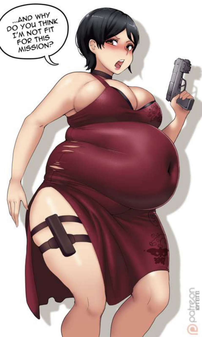 ada wong, bbw, belly overhang, big belly, blush, chubby, chubby female, cleavage, embarrassed, fat, fat female, fat fetish, female, gun, holding gun, holding weapon, kipteitei, obese, obese female, overweight, overweight female, resident evil, resident evil 4, ripped clothing, speech bubble, ssbbw, thick thighs