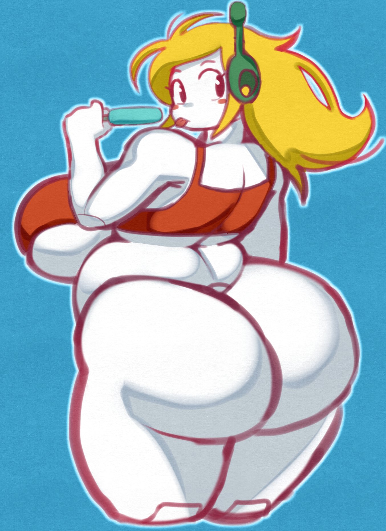 1girls, android, angstrom, ass, big belly, black eyes, blonde hair, blush, bottomless, breasts, breasts bigger than head, cave story, chubby, chubby female, curly brace, facing viewer, female, female only, gigantic ass, huge ass, huge breasts, hyper ass, hyper breasts, long hair, looking at viewer, looking back at viewer, popsicle, robot, robot ears, robot girl, robot joints, sideboob, solo, tank top, thick thighs, tongue, tongue out, underboob, white skin, white-skinned female, wide hips