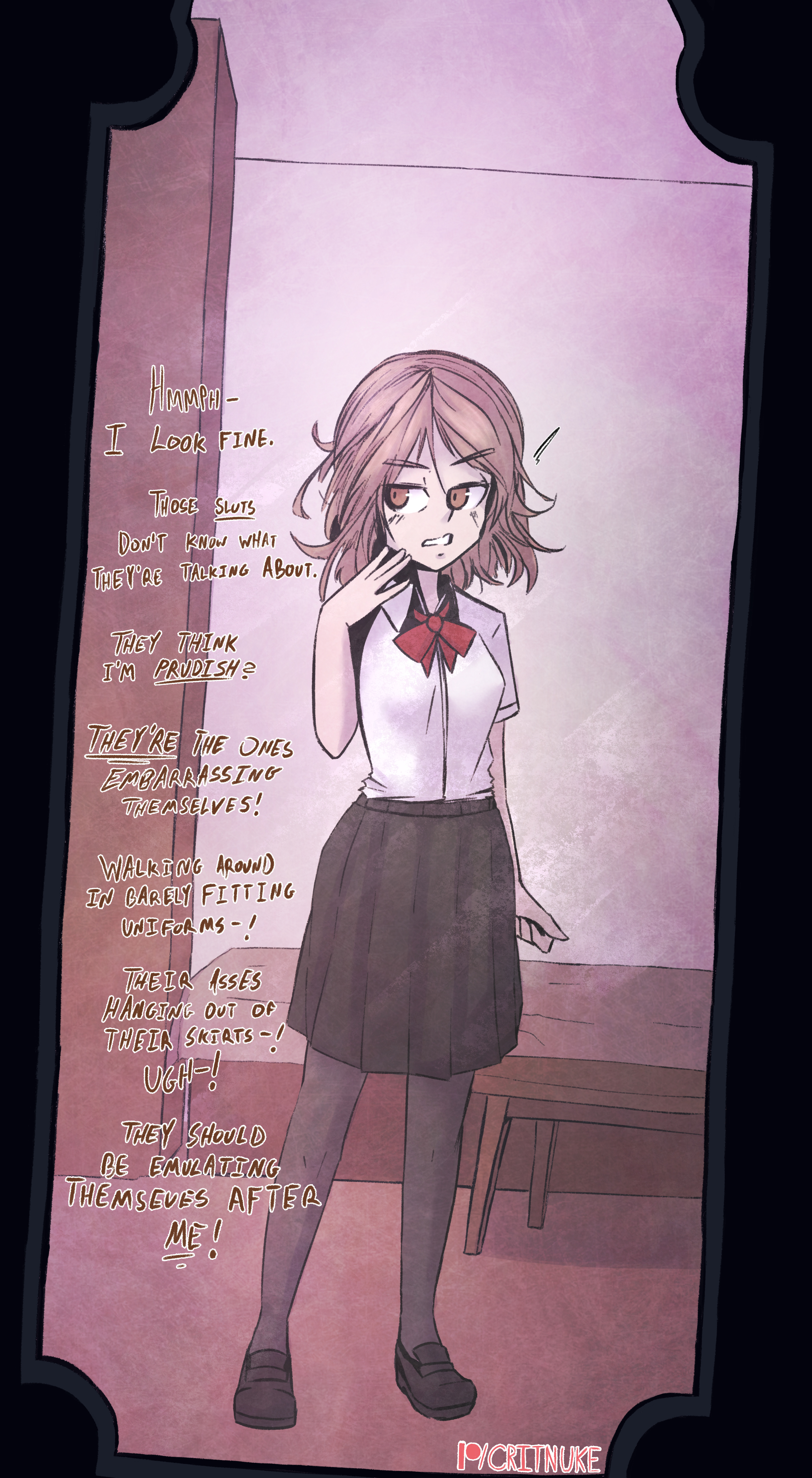 black skirt, black socks, brown eyes, brown hair, critnuke, envy, female, red bow, school uniform