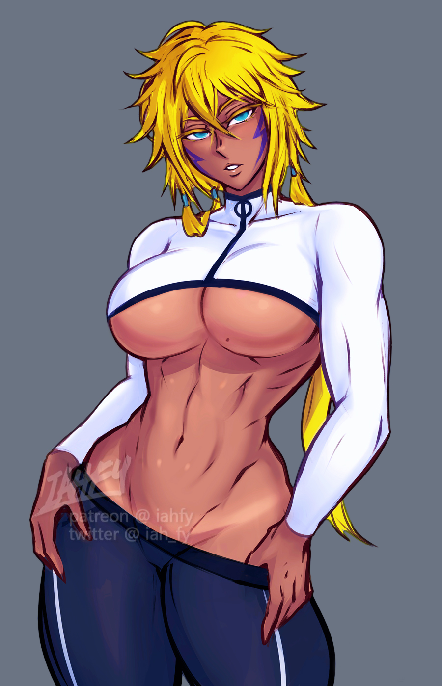 1girls, artist name, bleach, blonde hair, blue eyes, breasts, commentary, cowboy shot, crop top, cropped shirt, dark skin, dark-skinned female, female, grey background, hair between eyes, highres, iahfy, large breasts, looking at viewer, midriff, mole, mole on breast, navel, no panties, patreon username, simple background, solo, tia harribel, twitter username, underboob, watermark