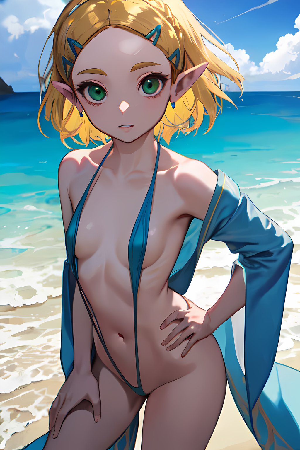 ai generated, bare shoulders, belly button, blonde hair, breasts, breath of the wild, elf ears, female, female only, green eyes, hips, nintendo, princess zelda, short hair, sling bikini, small breasts, solo female, suicidespit, swimsuit, tears of the kingdom, the legend of zelda, thighs, zelda (tears of the kingdom)
