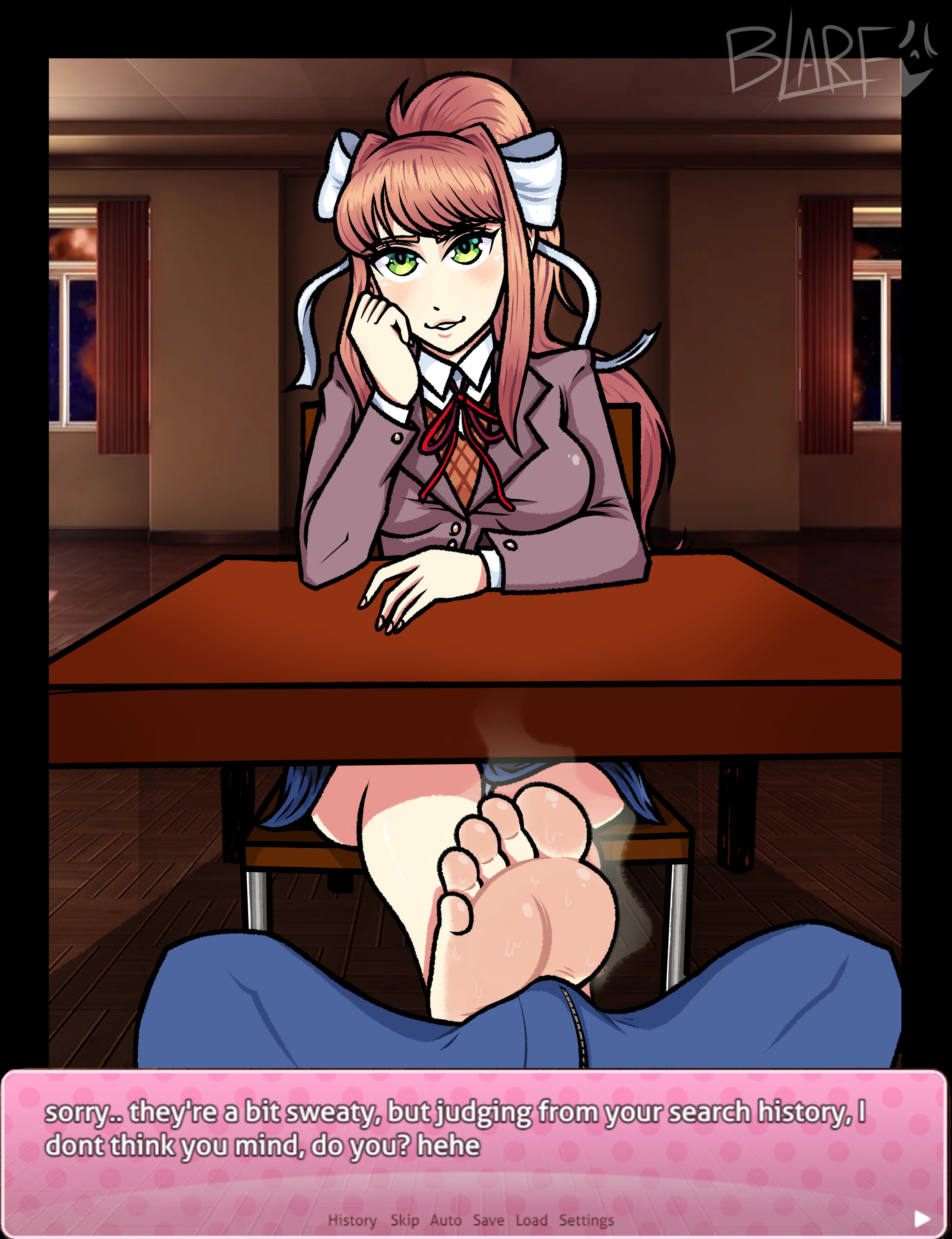 1girls, blarf022, bulge, doki doki literature club, feet, female, foot fetish, footjob, looking at viewer, monika (doki doki literature club), musk, pov, smell, smelly, smelly feet, sweat, teasing
