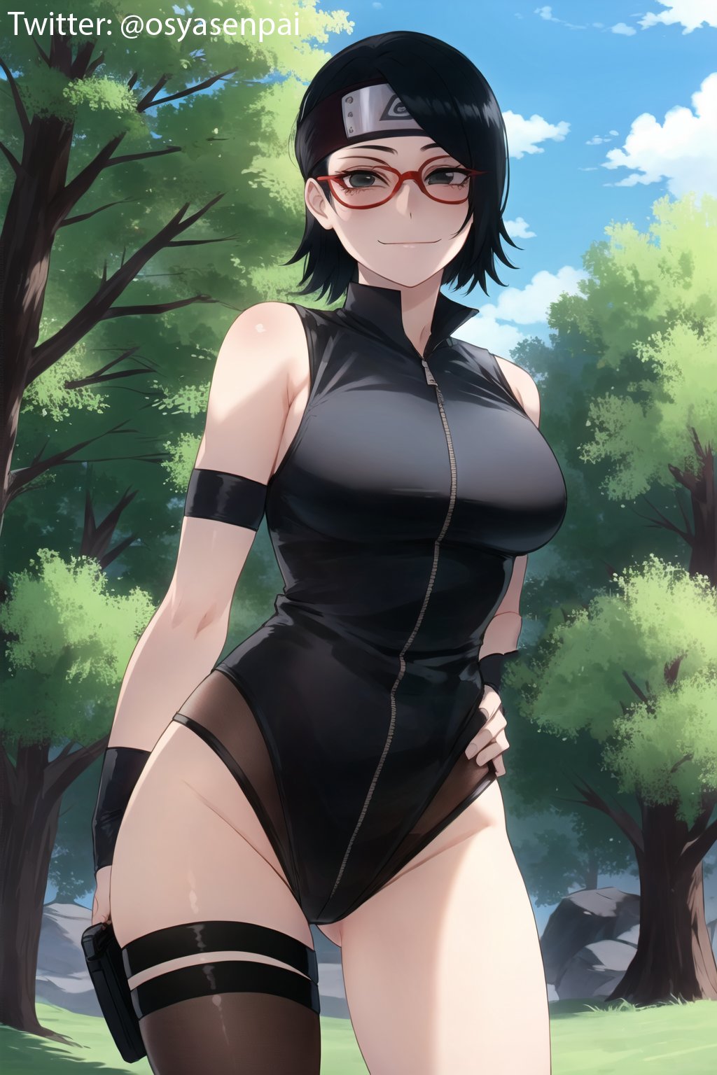 1girls, ai generated, black eyes, black hair, boruto: naruto next generations, female, female only, glasses, headband, naruto, naruto (series), ninja, osyasenpai, outdoors, sarada uchiha, short hair, solo, solo female, stable diffusion, thighs
