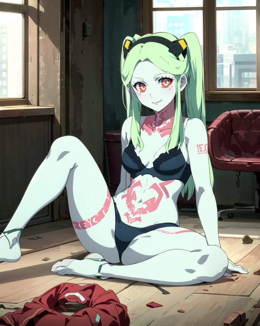 1girls, ai generated, arm support, bra, breasts, cleavage, cyberpunk: edgerunners, feet, female, female only, green hair, hi res, legs, long hair, looking at viewer, navel, panties, rebecca (edgerunners), red eyes, sitting, small breasts, smile, solo, spread legs, thighs, twintails