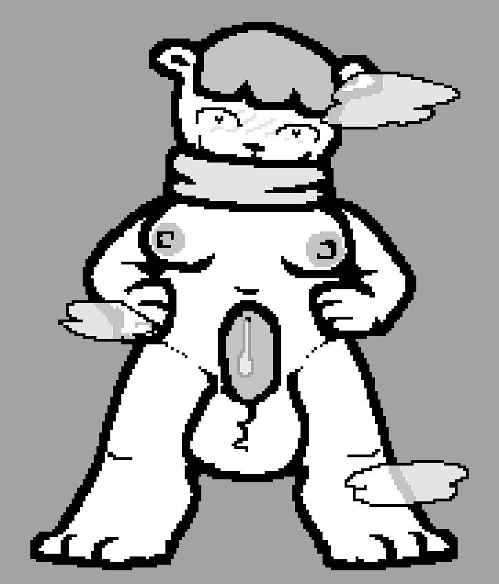 <3_eyes anthro aroused balls bear big_balls bodily_fluids breasts chubby_gynomorph dripping fur furry genital_fluids genitals grey_background greyscale gynomorph hair hands_on_hips hashi_bleu heart hown_brash intersex looking_at_viewer mammal monochrome musk_clouds penis precum precum_drip scarf short_hair short_stack simple_background slightly_chubby small_breasts solo thick_penis white_body white_fur