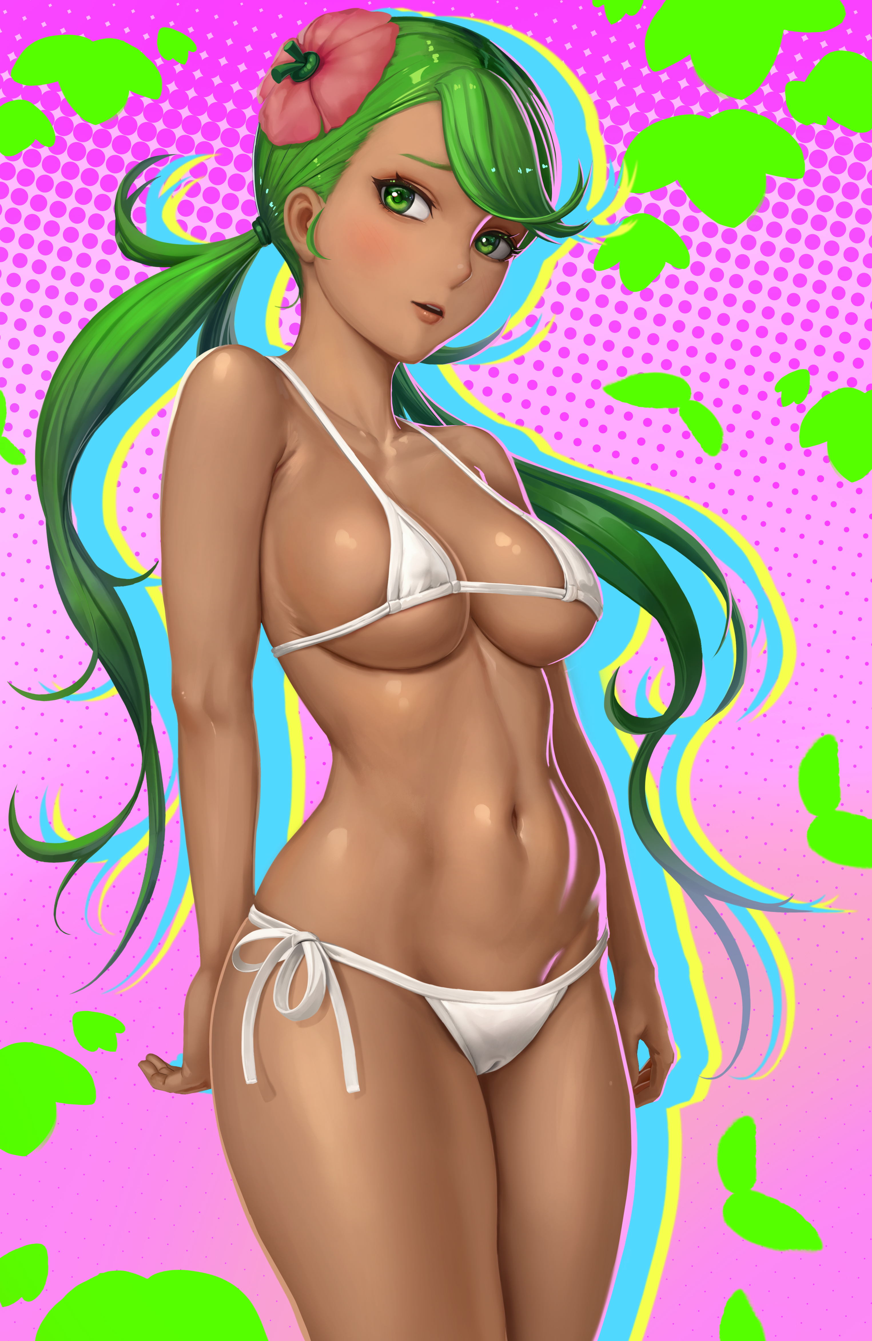 1girls, abs, absurd res, absurdres, bikini, blush, breasts, cameltoe, dark skin, dark-skinned female, erect nipples, erect nipples under clothes, female, female only, flower in hair, green eyes, green hair, hair ornament, hi res, high resolution, highres, limgae, looking at viewer, mallow (pokemon), navel, nintendo, nipples, pokemon, pokemon sm, pussy, solo, twintails, white bikini