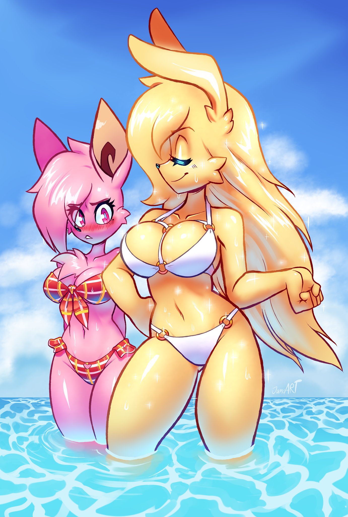 2girls beach big_breasts bikini blonde_female blonde_hair breasts closed_eyes duo eyes female female_only jamoart katie_(jamoart) large_breasts mathilda_jade ocean pink_body pink_eyes pink_fur white_bikini yellow_body yellow_fur