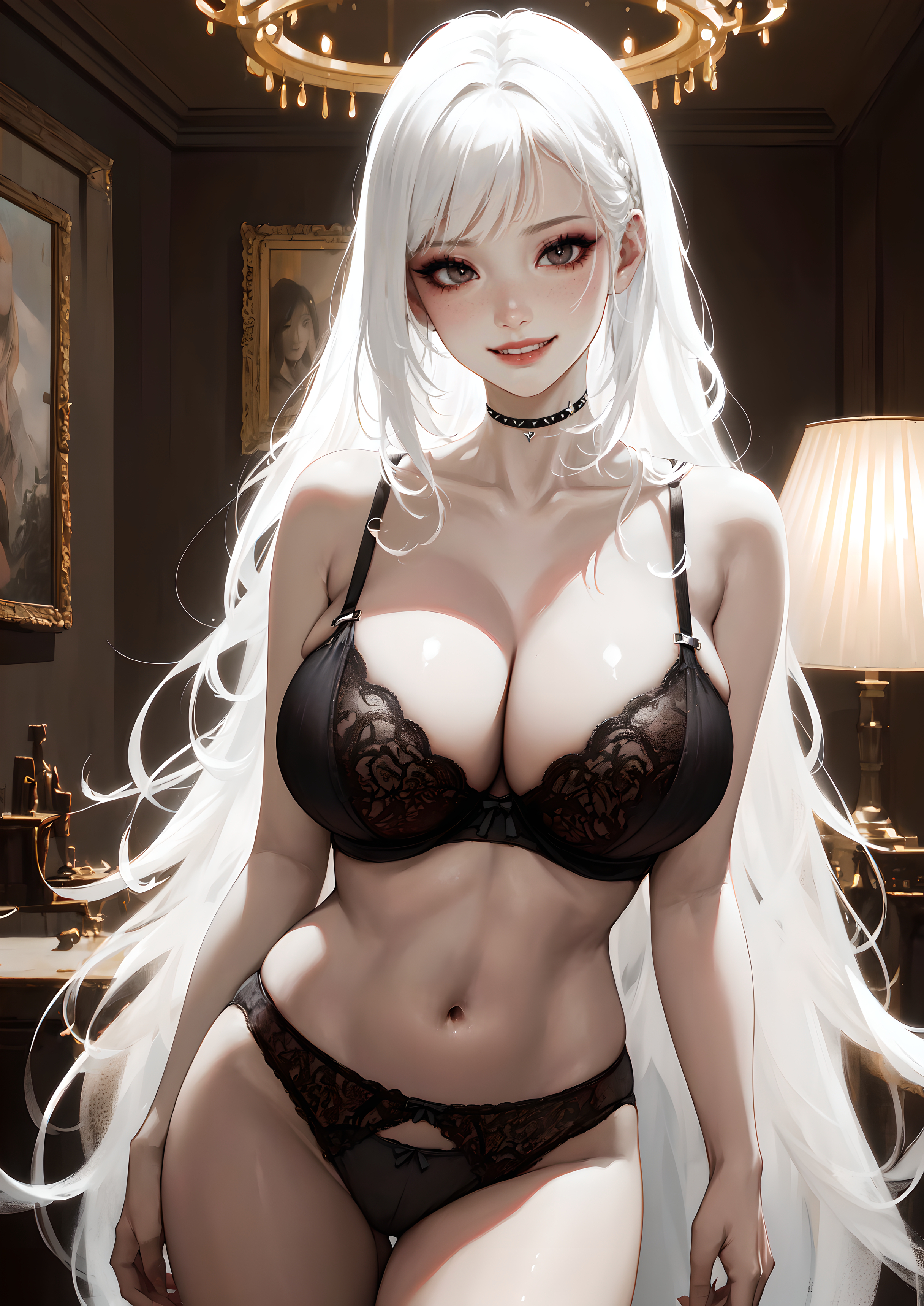 1girls, ai generated, black bra, black lingerie, black panties, breasts, cleavage, collarbone, curvy body, curvy female, curvy figure, female, female focus, female only, huge breasts, long hair, looking at viewer, midriff, navel, open mouth, original character, solo female, solo focus, stable diffusion, very long hair, voluptuous, voluptuous female, white body, white hair