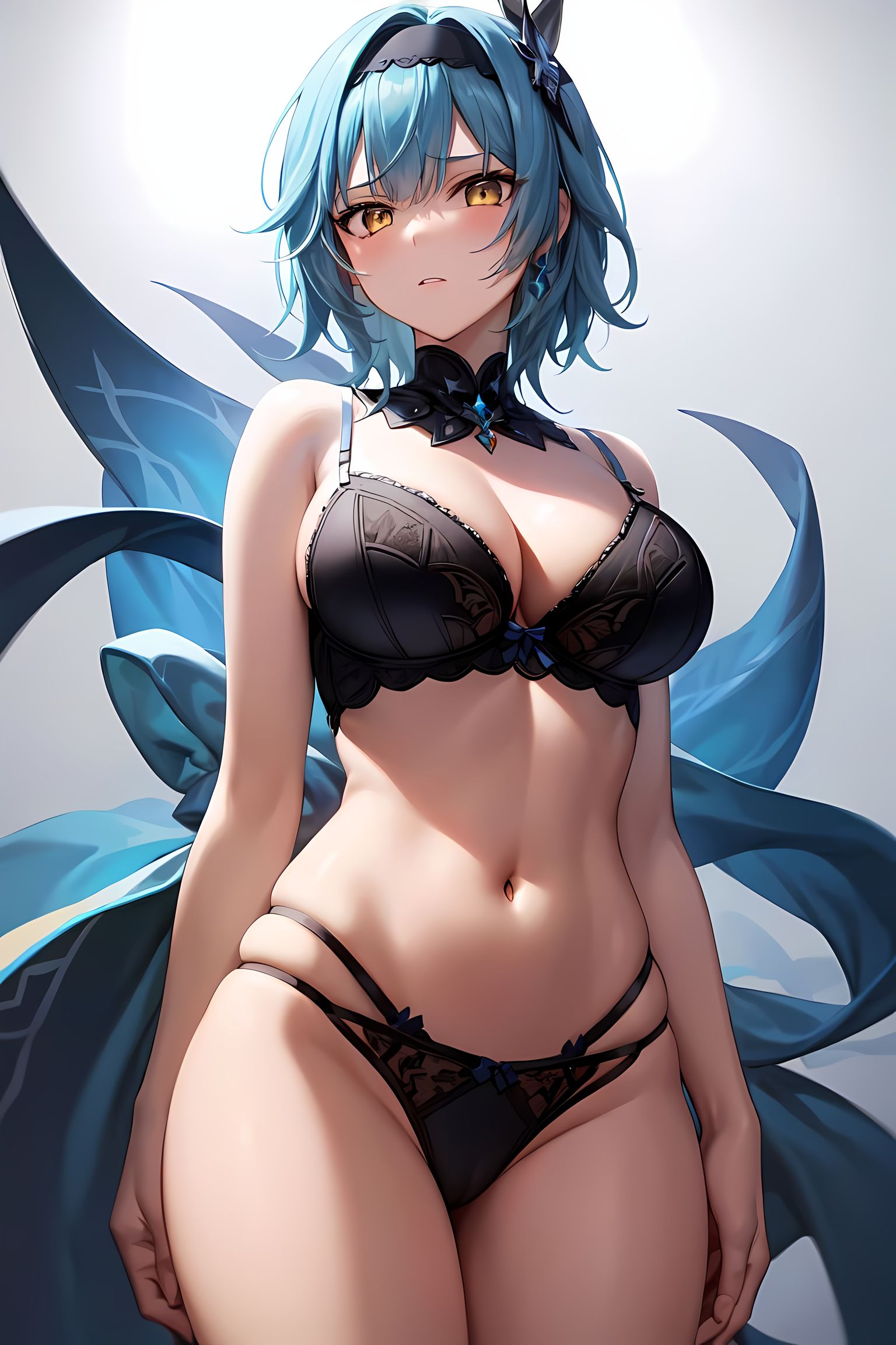 1girls, ai generated, black bra, black lingerie, black panties, blue hair, blush, bra, breasts, eula (genshin impact), female, genshin impact, large breasts, light skin, light-skinned female, looking at viewer, looking down, looking down at viewer, navel, open mouth, panties, stable diffusion, thighs