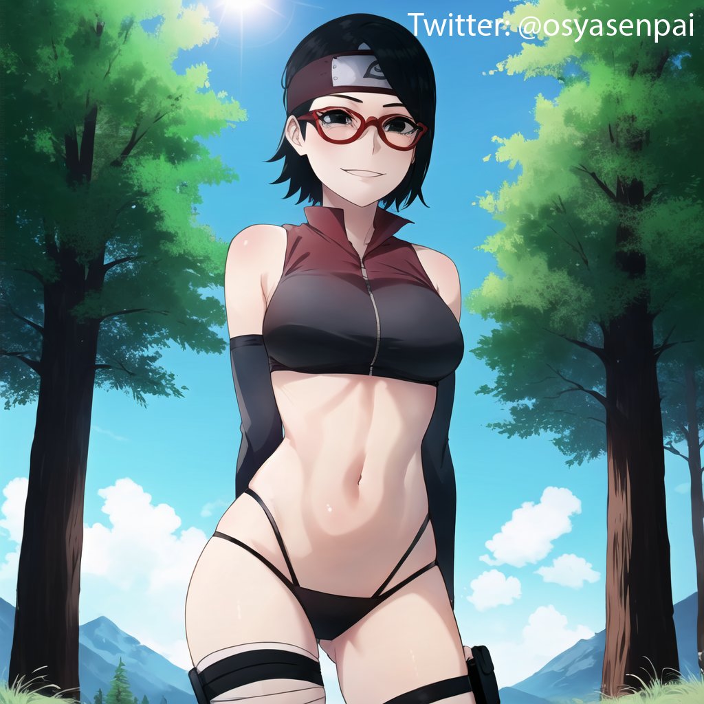 1girls, ai generated, black eyes, black hair, boruto: naruto next generations, female, female only, glasses, headband, naruto, naruto (series), ninja, osyasenpai, outdoors, sarada uchiha, short hair, solo, solo female, stable diffusion, thighs