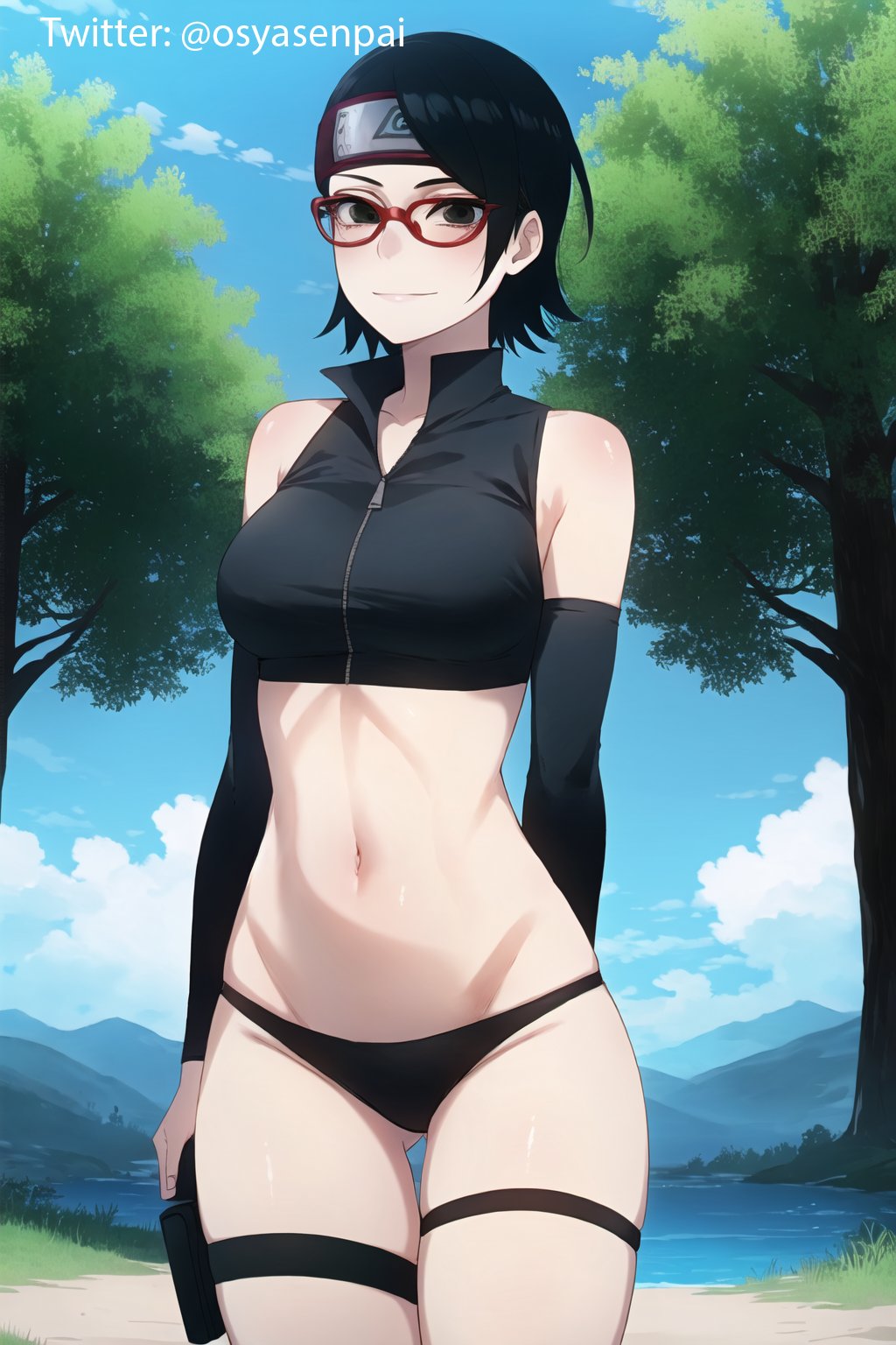 1girls, ai generated, black eyes, black hair, boruto: naruto next generations, female, female only, glasses, headband, naruto, naruto (series), ninja, osyasenpai, outdoors, sarada uchiha, short hair, solo, solo female, stable diffusion, thighs