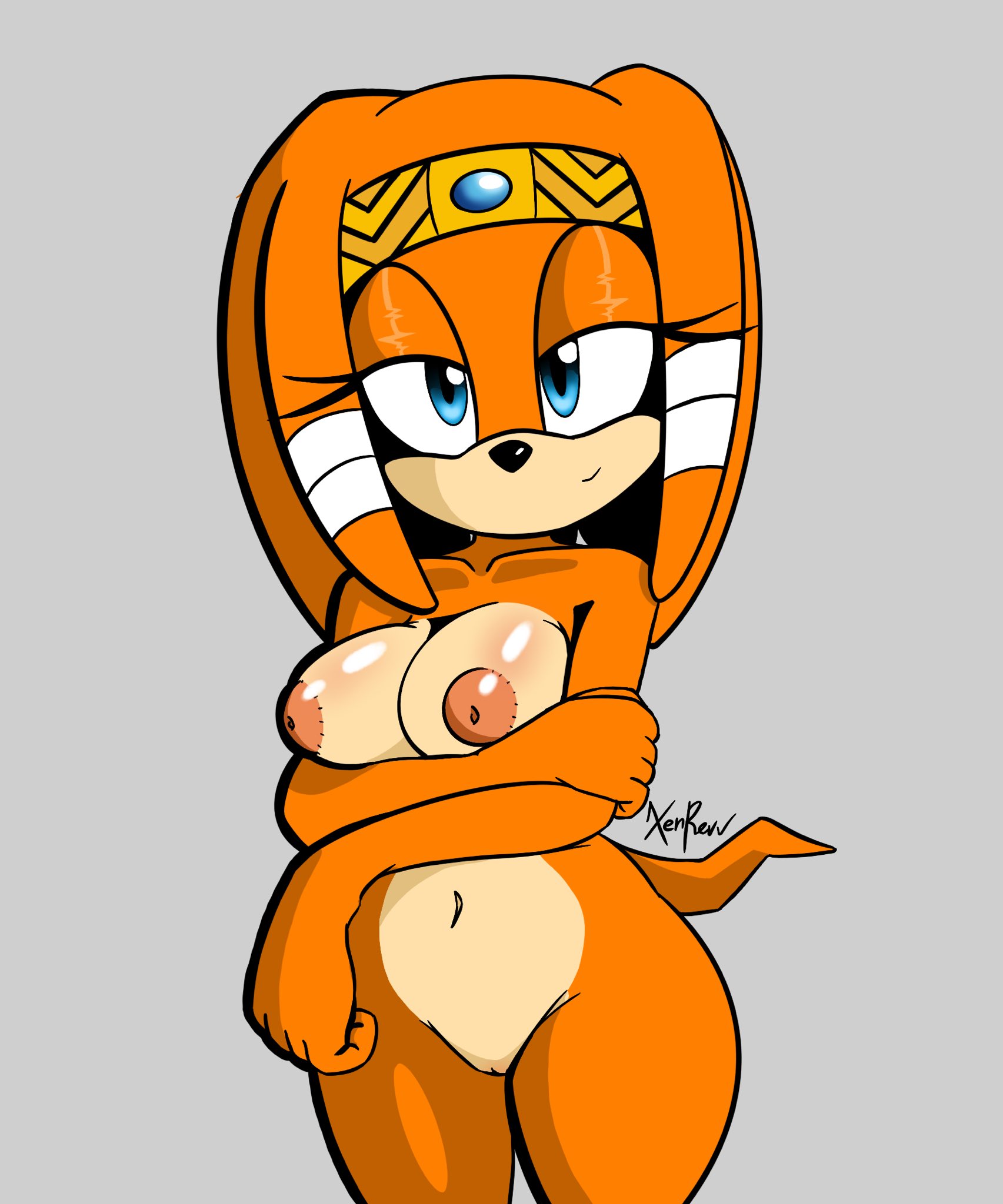 1girls, accessory, anthro, big breasts, black nose, blue eyes, breasts, curvy, curvy figure, dreadlocks, eyelashes, female, female only, fur, furry, headwear, jewelry, long hair, looking at viewer, mammal, mobian, naked, narrowed eyes, nude, orange body, orange fur, orange hair, orange skin, pussy, sega, simple background, solo, solo female, sonic (series), sonic adventure 2, sonic the hedgehog (series), tail, tikal the echidna, two-tone body, two-tone fur, vagina, video games, xenrevv