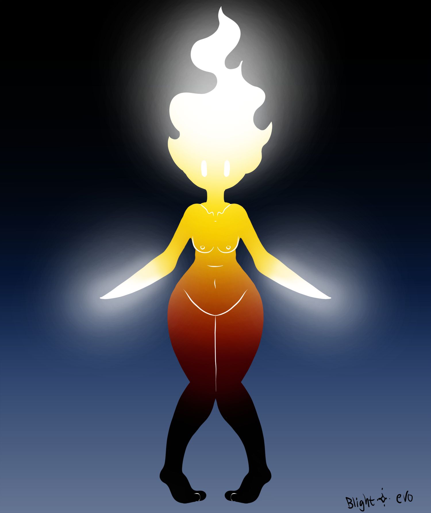 blightstar breasts collarbone feet fire fire_hair fire_humanoid flaming_hair gradient gradient_background knees_together_feet_apart no_hands oc original_character red_hot small_breasts temperature thick_thighs thighs wide_hips