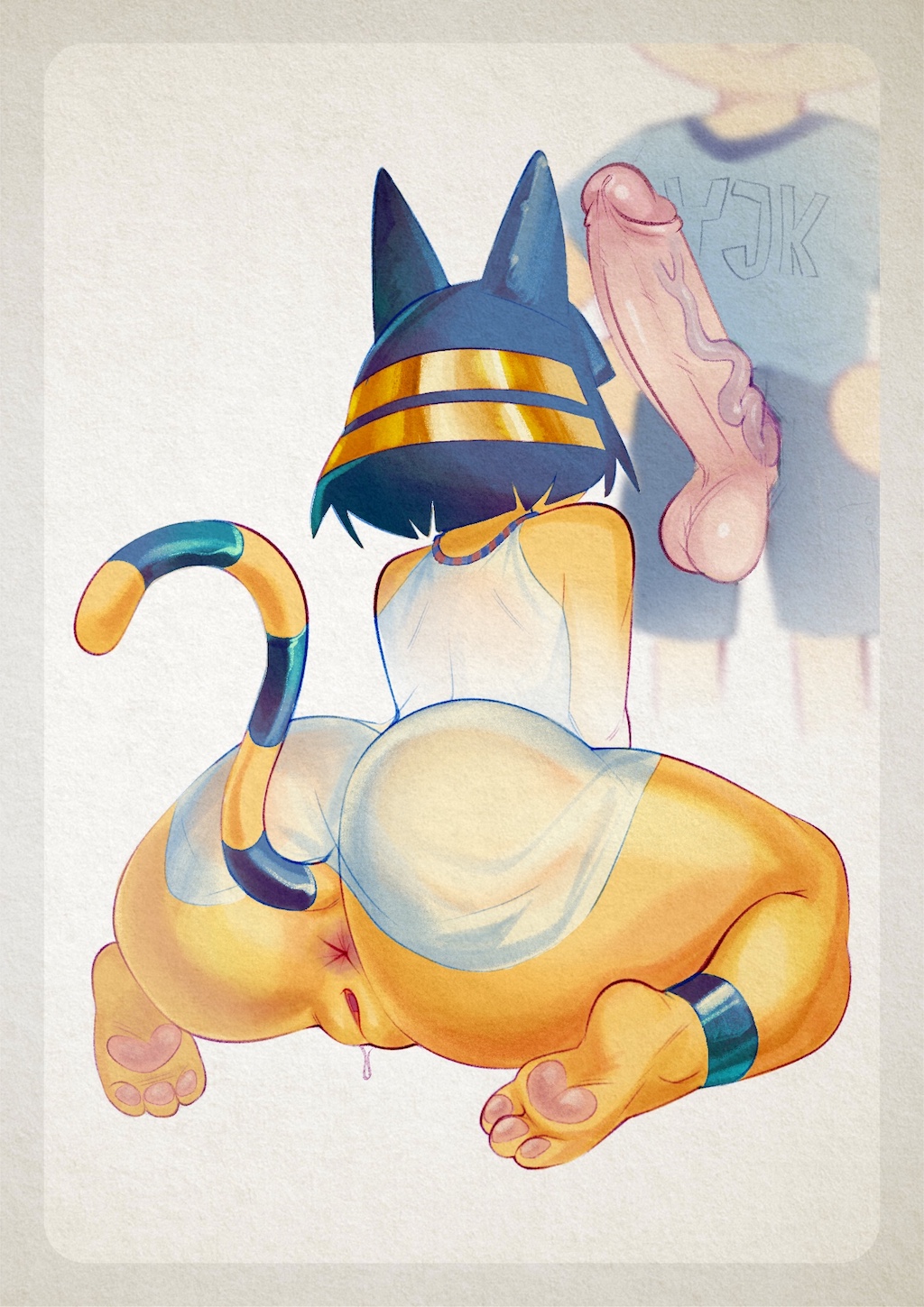 2023 animal_crossing ankha ankha_(animal_crossing) anklet anthro anus ass big_butt big_penis blue_hair bodily_fluids bottomwear clothing color_edit domestic_cat dress dripping duo erection feet felid feline felis female female_on_human fur genital_fluids genitals hair hi_res huge_cock human human_on_anthro humanoid_genitalia humanoid_penis interspecies jewelry male male/female male_on_anthro mammal nintendo pawpads penis pussy_juice pussy_juice_drip shirt shorts t-shirt topwear traditional_media_(artwork) translucent translucent_clothing villager_(animal_crossing) xu53r yellow_body yellow_fur