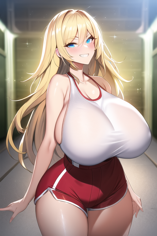 1girls, ai generated, ass, blonde hair, blue eyes, breasts, curvaceous, curvy, curvy figure, dolphin shorts, female, female only, gigantic breasts, huge ass, huge breasts, huge hips, long hair, looking at viewer, nai diffusion, shiny clothes, shiny hair, shiny skin, short shorts, solo, stable diffusion, tank top, thick thighs, thunder thighs, voluptuous, white tank top, wide hips