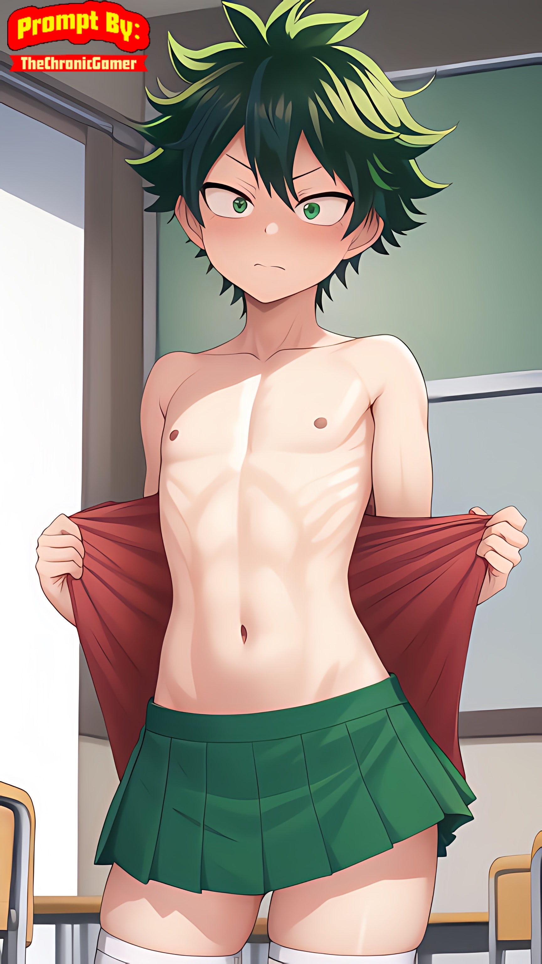 1boy, ai generated, breasts, classroom, deku, femboy, green eyes, green hair, izuku midoriya, male, male only, midoriya izuku, my hero academia, presenting breasts, skirt, thechronicgamer, thighhighs, trap, white skin