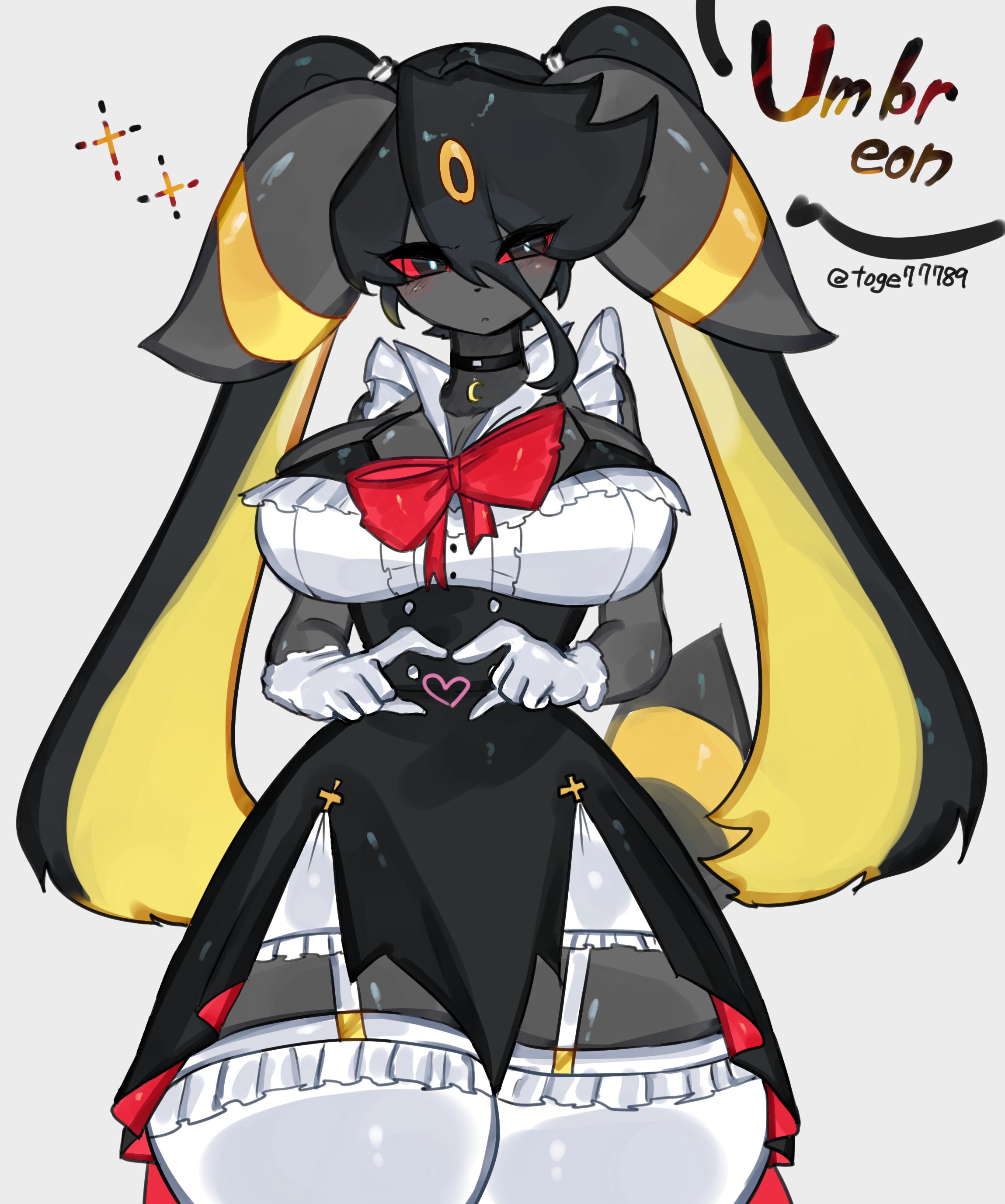 1girls, big breasts, black body, breasts, choker, collar, dress, eeveelution, female, female only, frills, garter straps, heart, hourglass figure, huge breasts, large breasts, maid, maid dress, maid uniform, pokemon, pokemon (species), red eyes, ribbon, solo, solo female, thighhighs, togetoge, umbreon, white dress