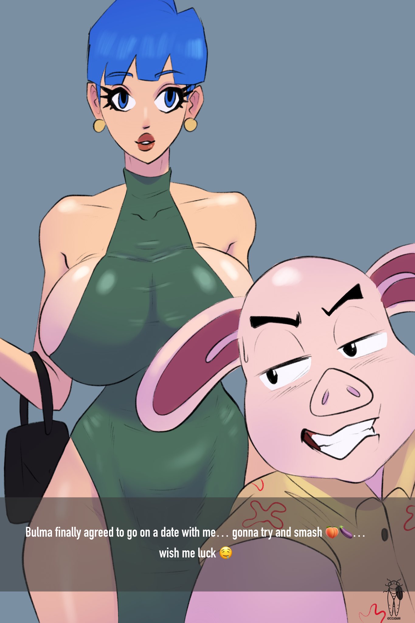 1boy, 1girls, 2023, anthro, anthro on human, blue eyes, blue hair, breasts, bulma, bulma (dragon ball), bulma briefs, caption, cicadahh, cleavage, clothed, clothing, curvy, curvy female, curvy figure, date, dragon ball, dragon ball super, dress, earrings, female, highres, hourglass figure, instagram, large breasts, larger female, lipstick, male, milf, oolong, pig, selfie, short hair, size difference, smaller male, snapchat, straight, text