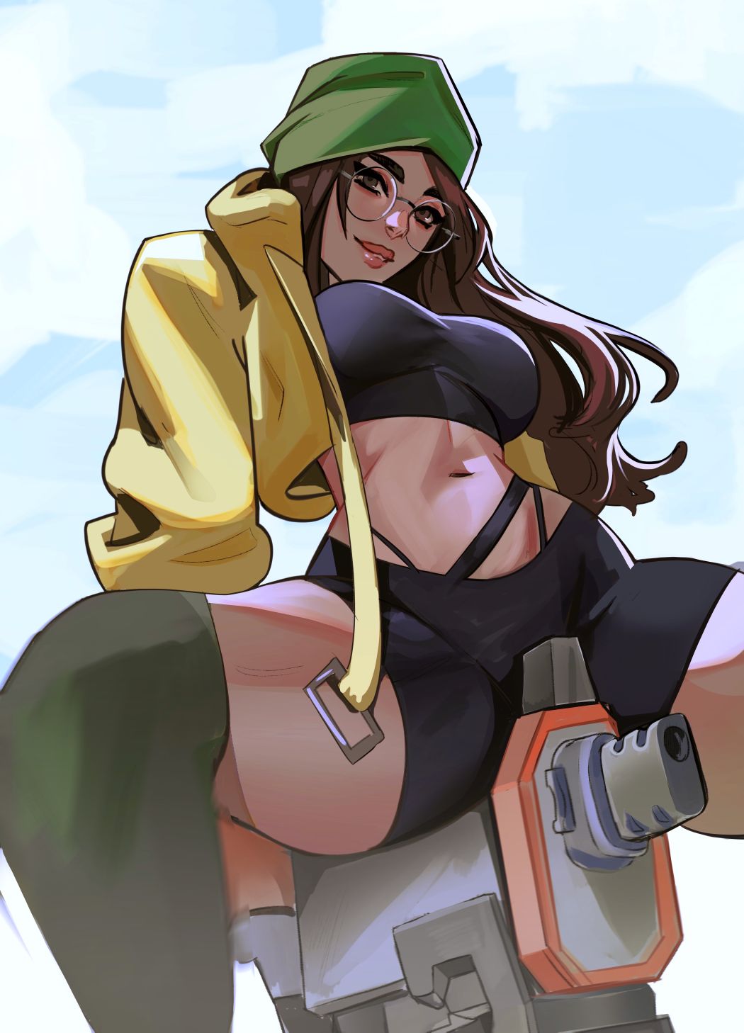 1girls beanie black_hair brown_hair dark_hair female glasses gun jacket killjoy_(valorant) light-skinned_female light_skin looking_down riding riot_games shorts smile solo spread_legs stockings thighs topwear turret valorant vile_jp yellow_jacket