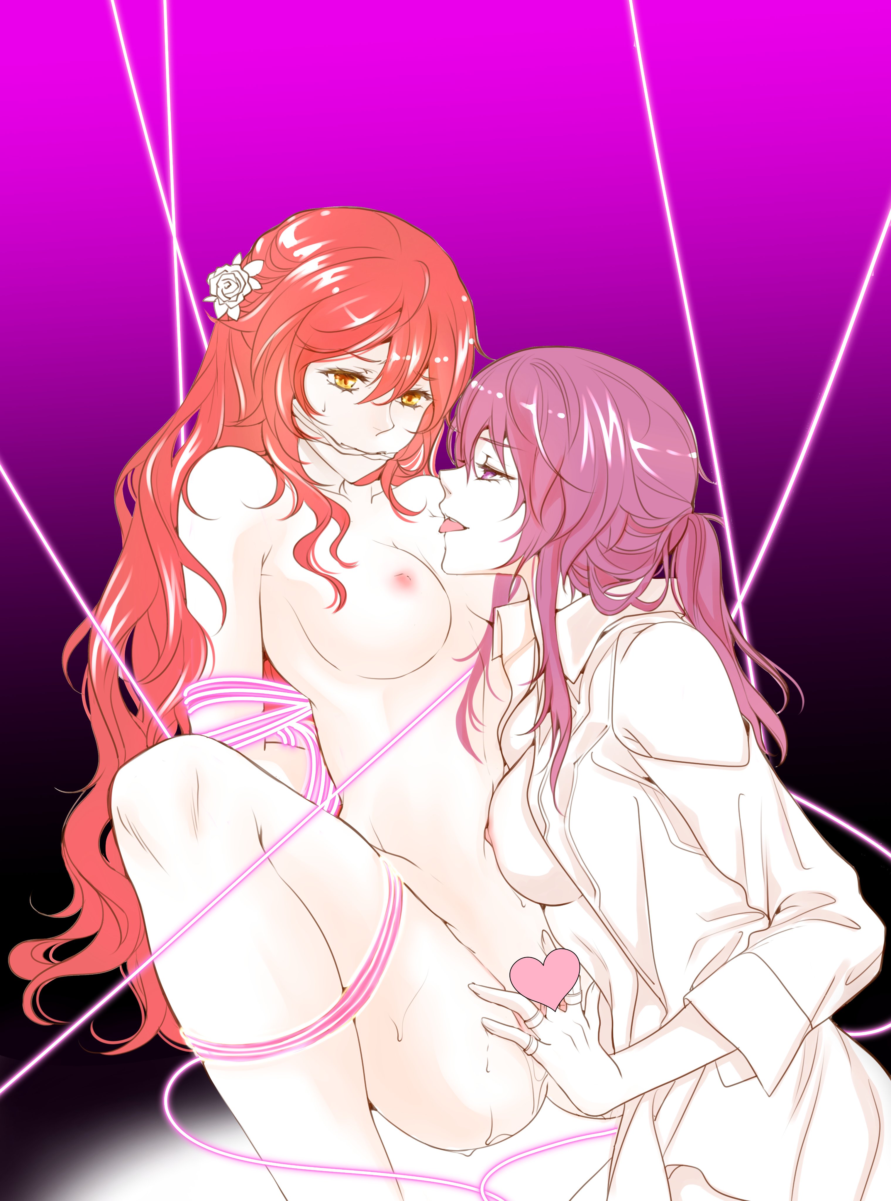 2girls, bondage, female, female only, finger fuck, fingering, gagged, heart censor, himeko (honkai: star rail), honkai: star rail, kafka (honkai: star rail), legs held open, lesbian sex, multiple females, multiple girls, nervous, nude, nude female, purple hair, questionable consent, ratanasatia, red hair, ring, spread legs, tied, tied up, tongue, tongue out, yuri
