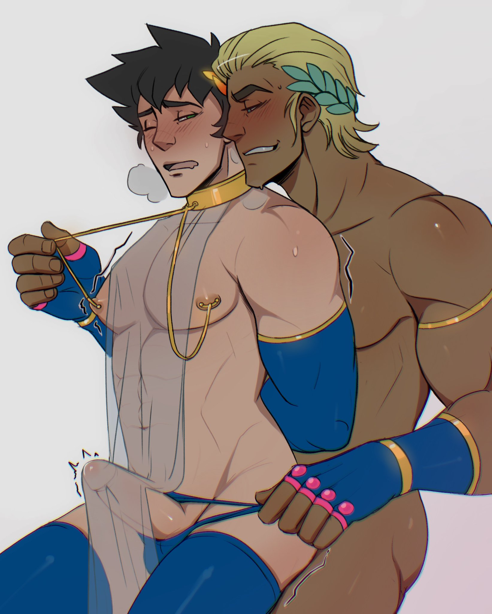 2boys, bondage, collar, darkmode proxy, erection, erection under clothes, gay, hades (game), male, male focus, male only, nipple clamps, penis, theseus (hades), zagreus