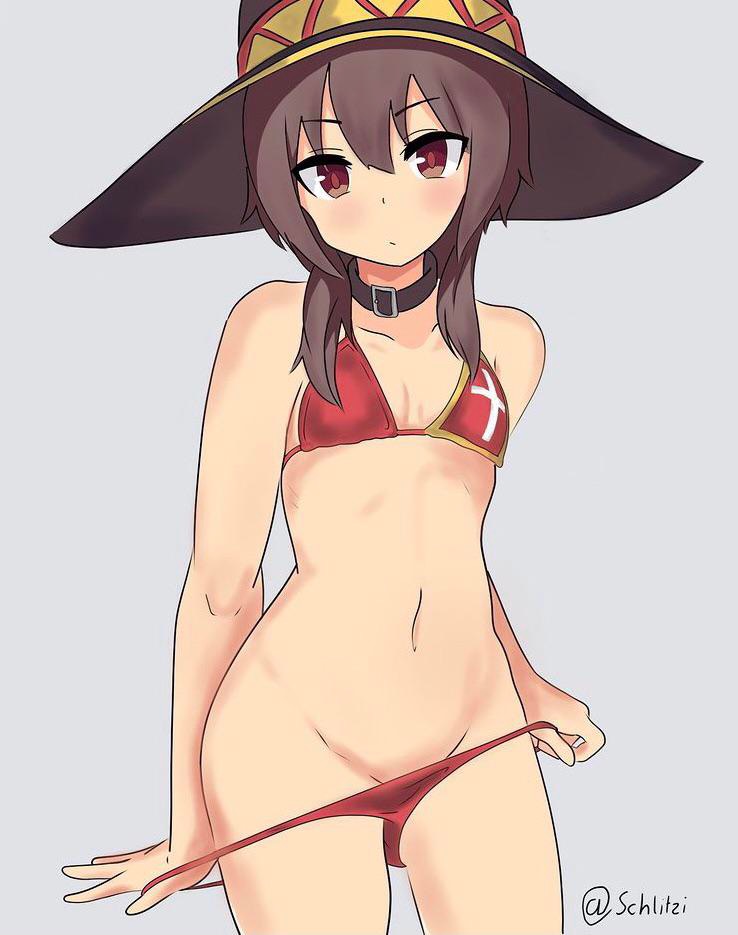 bra, breasts, brown hair, eyebrows visible through hair, female, female only, flat chest, kono subarashii sekai ni shukufuku wo!, light skin, light-skinned female, looking at viewer, medium hair, megumin, panties, pulling panties, red eyes, schlitzi, simple background, small breasts, solo, underwear, witch hat