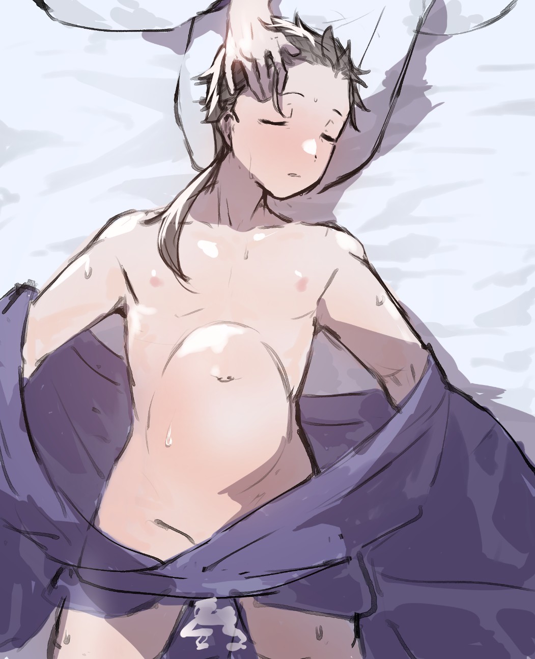 1boy, 1futa, after anal, after sex, aftermath, angeru (pixiv9562919), big belly, black hair, bottomless, breasts, caressing face, censored, clothed, clothing, dickgirl, dickgirl/male, duo, erection, futa on male, futadom, futanari, human, husband and wife, impregnation, inflation, intersex, kimono, laying down, light skin, light-skinned futa, light-skinned male, long hair, male, male pregnancy, malesub, mosaic censoring, mpreg, natsuki subaru, partially clothed, penis, pregnancy, pregnant, re:zero kara hajimeru isekai seikatsu, rem (re:zero), short hair, sleeping, white hair