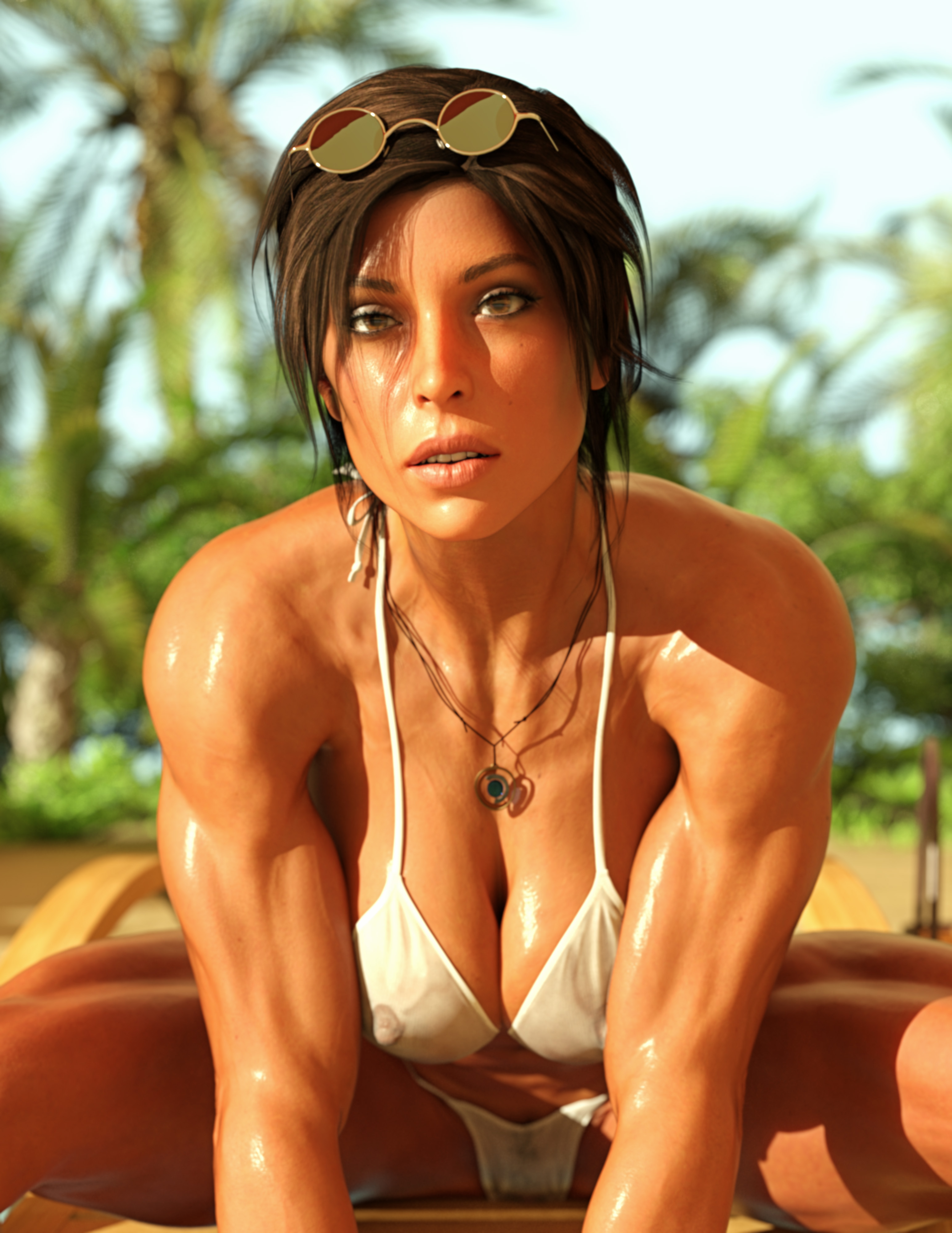 1girls, 3d, big breasts, bikini, breasts, brown eyes, brown hair, busty, cleavage, erect nipples, female, female focus, female only, front view, hourglass figure, jonasd-3dart, lara croft, lara croft (survivor), long hair, medium hair, muscular, muscular female, necklace, nipple bulge, nipples, nipples visible through clothing, outdoors, outside, panties, pinup, pinup pose, ponytail, pubes, pubic hair, pubic hair peek, solo, solo female, sweat, sweaty, tagme, tan, tan body, tan skin, tomb raider, tomb raider (survivor), trimmed pubic hair, wide hips