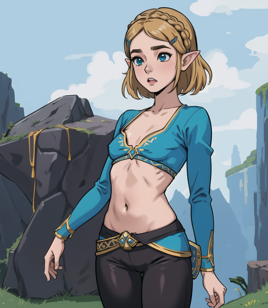 1girls, ai generated, blonde hair, blue eyes, breasts, female, midriff, open mouth, outdoors, pointy ears, princess zelda, short hair, small breasts, solo, stable diffusion, standing, tears of the kingdom, the legend of zelda, zelda (tears of the kingdom)