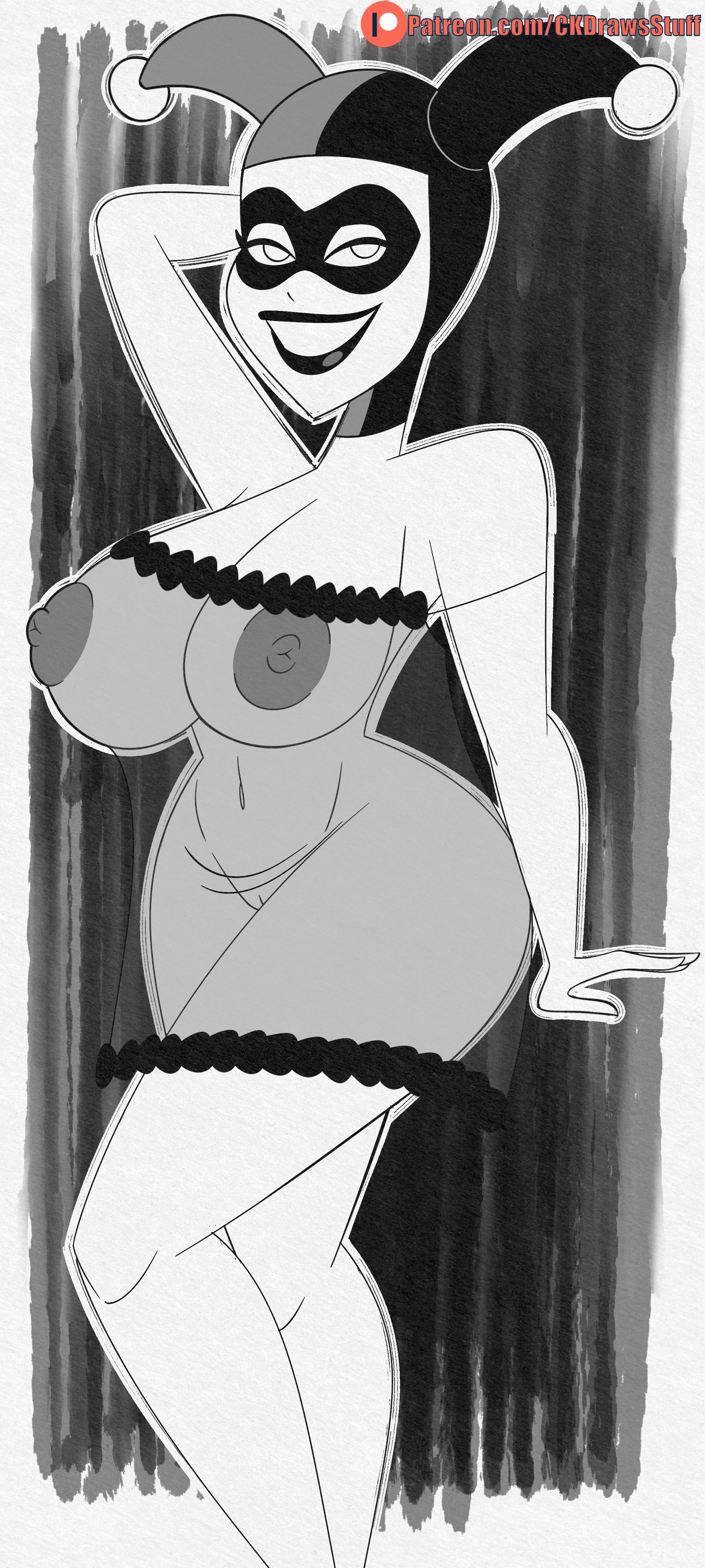 1girls, arm behind head, batman (series), batman: the animated series, big breasts, black and white, breasts, codykins123, commission, dc, dc comics, dcau, female, female only, harley quinn, harley quinn (classic), huge breasts, lingerie, looking at viewer, mask, monochrome, nipples, pinup, pussy, see-through clothing, smile, solo, the new batman adventures, wide hips
