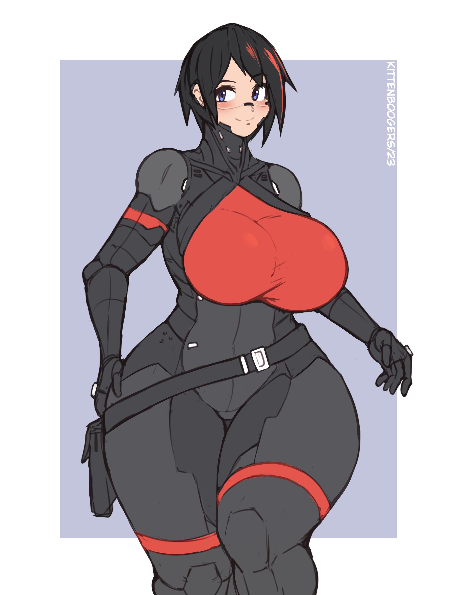 1girls, android, belt, big breasts, bodysuit, breasts, clothed, curvy, cyborg, elster (signalis), female, flat colors, holster, kittenboogers, large breasts, short hair, signalis, smile, solo, standing, thick thighs, wide hips