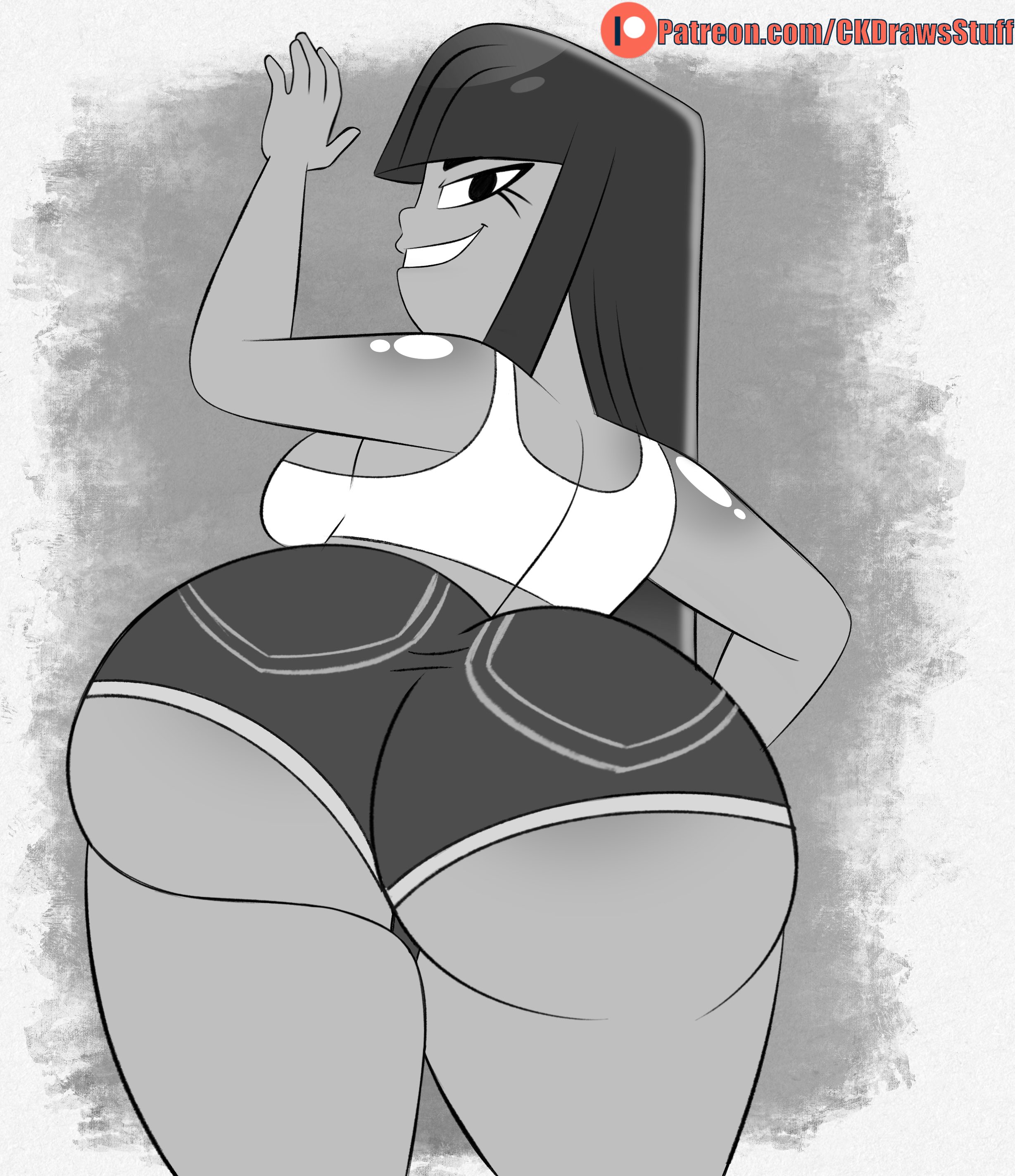 1girls, aged up, ass, ass focus, bbw, big ass, big butt, black and white, breasts, bubble ass, bubble butt, codykins123, commission, daisy dukes, fat ass, female, female only, glitch techs, huge ass, huge butt, large ass, large butt, long hair, looking at viewer, looking back, miko kubota, monochrome, netflix, nickelodeon, one hand up, seductive, seductive female, seductive gaze, seductive look, seductive smile, shiny skin, short shorts, smile, smug, solo, tank top, teasing, teasing viewer, thick ass, thick thighs, thunder thighs, wall, wide hips