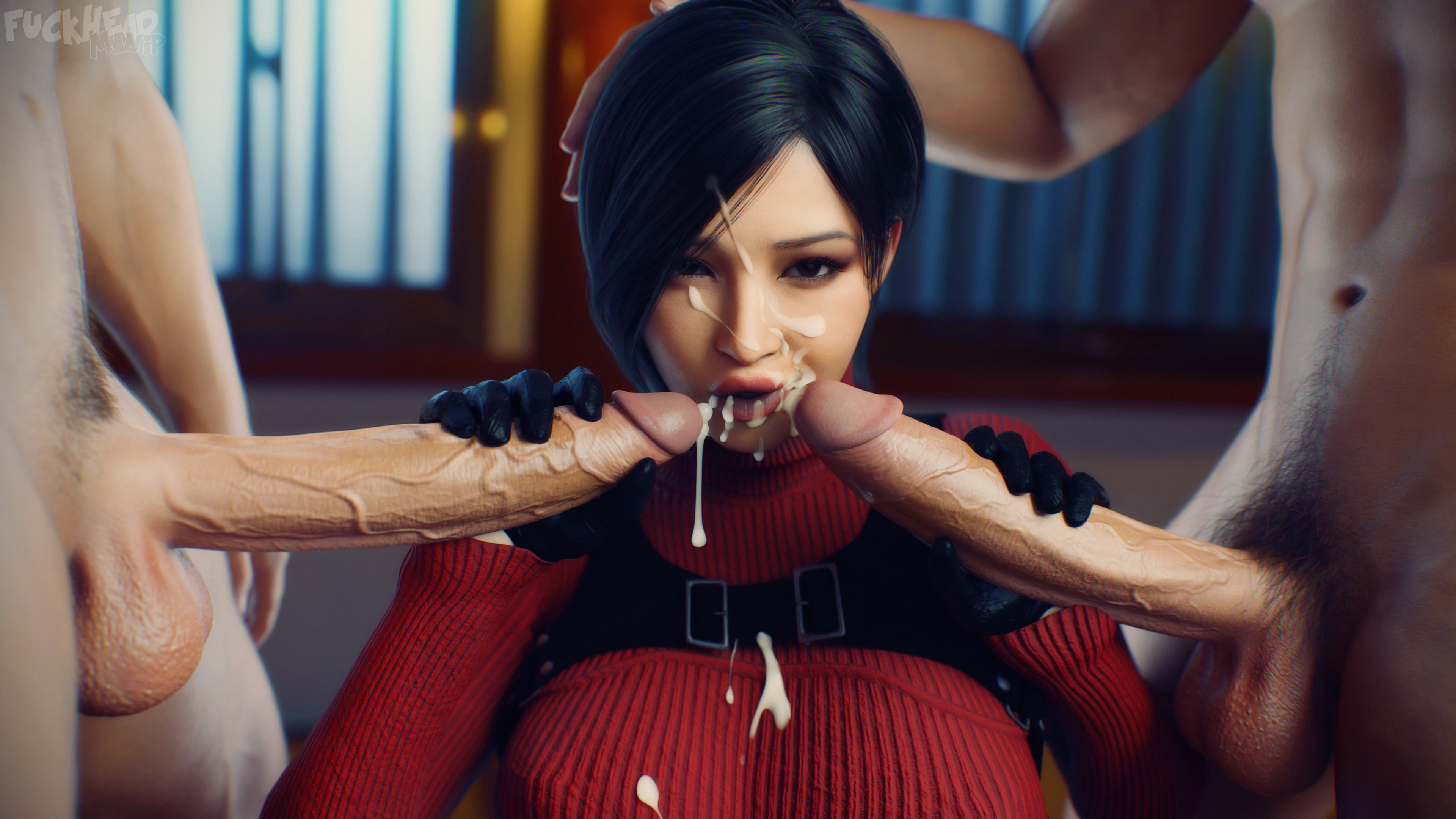 1girls, 2boys, 3d, ada wong, asian female, big penis, biohazard, black gloves, capcom, cum, cum on face, erection, female, fuckhead, gloved handjob, gloves, hand on penis, handjob, handjob with gloves, holding penis, leather gloves, looking at viewer, male, penis, resident evil, resident evil 4, resident evil 4 remake, straight, sweater, threesome, touching penis