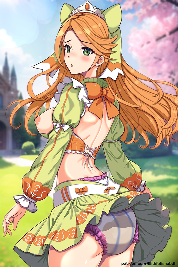 1girls, abdl, ass, back, back view, backless outfit, bare back, bare thighs, big ass, blush, breasts, breasts out, cherry blossoms, diaper, embarrassed, etie (fire emblem), female, female only, fire emblem, fire emblem engage, green eyes, infantilism, lilith-fetish, long hair, looking back, medium breasts, nintendo, nipples, open mouth, orange hair, outdoors, pantyshot, pantyshot (standing), peeing, peeing self, skirt, solo, thick thighs, thighs, tree, upskirt, urine