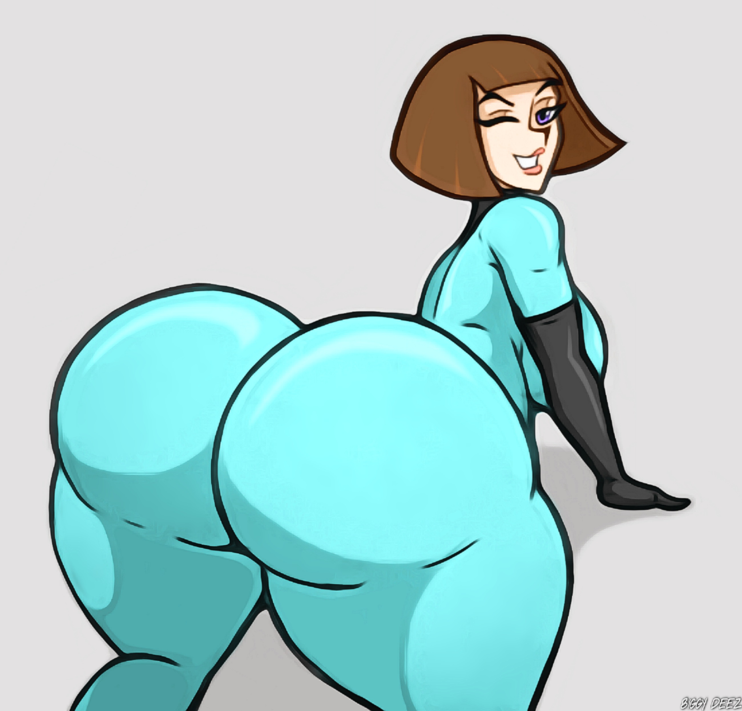 1girls, ass, bent over, big ass, biggy deez, bodysuit, bottom heavy, breasts, brown hair, bubble ass, bubble butt, clothing, danny phantom, fat ass, female, female only, huge ass, large ass, looking at viewer, looking back, madeline fenton, massive ass, milf, nickelodeon, purple eyes, rear view, smile, solo, thick ass, thick thighs, thunder thighs, white female, wide hips, wink, winking at viewer